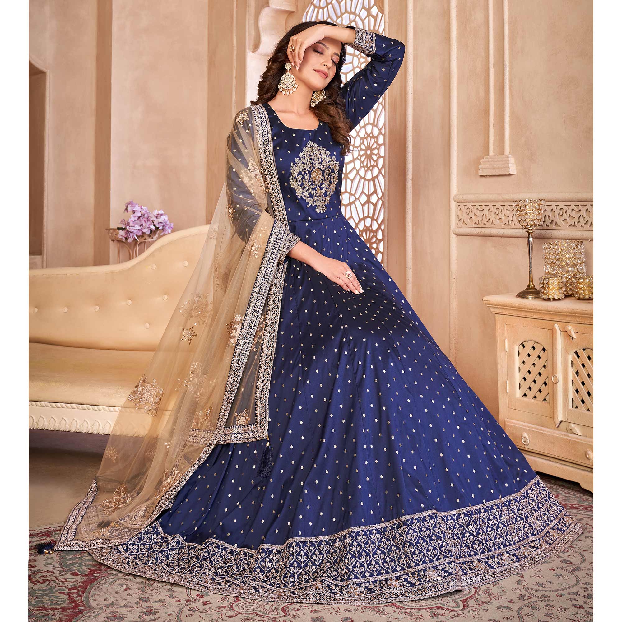 Blue Floral Embroidered Tapetta Silk Semi Stitched Anarkali Suit