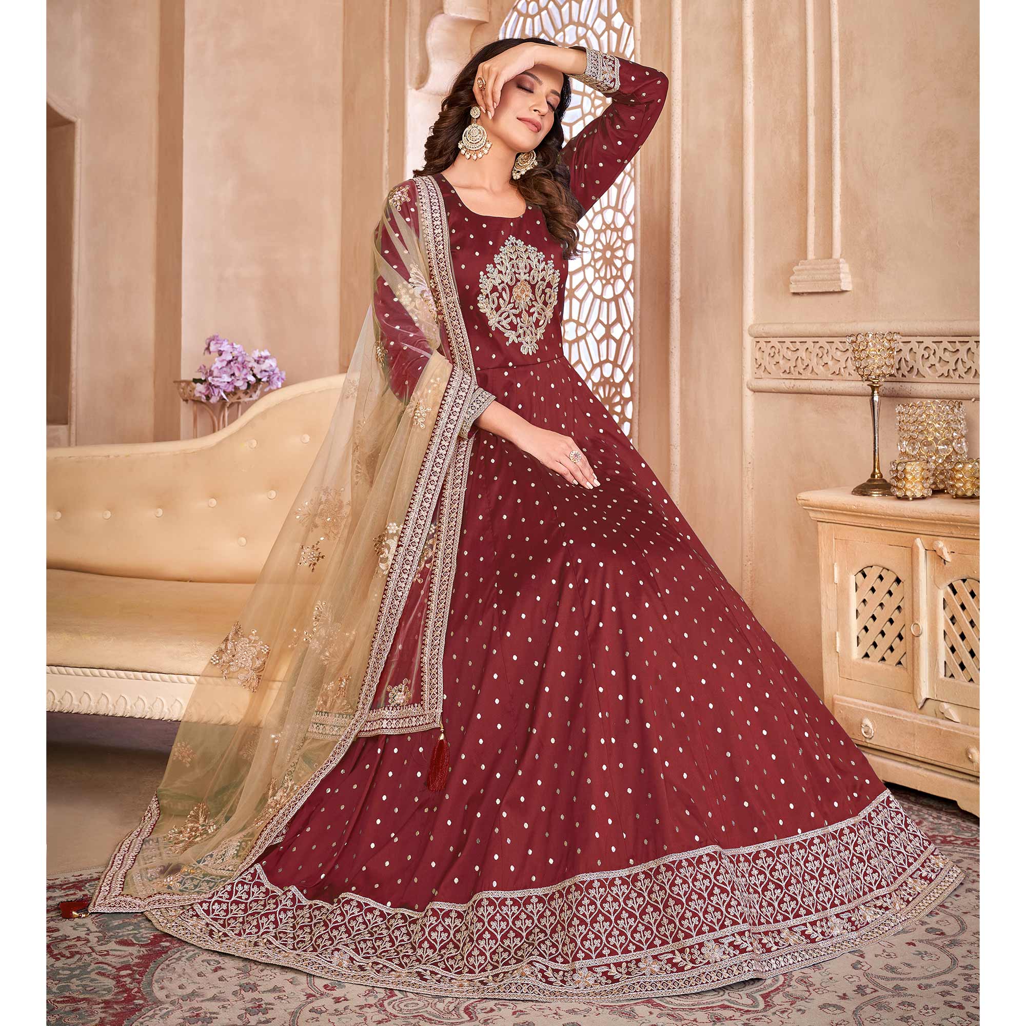 Maroon Floral Embroidered Tapetta Silk Semi Stitched Anarkali Suit