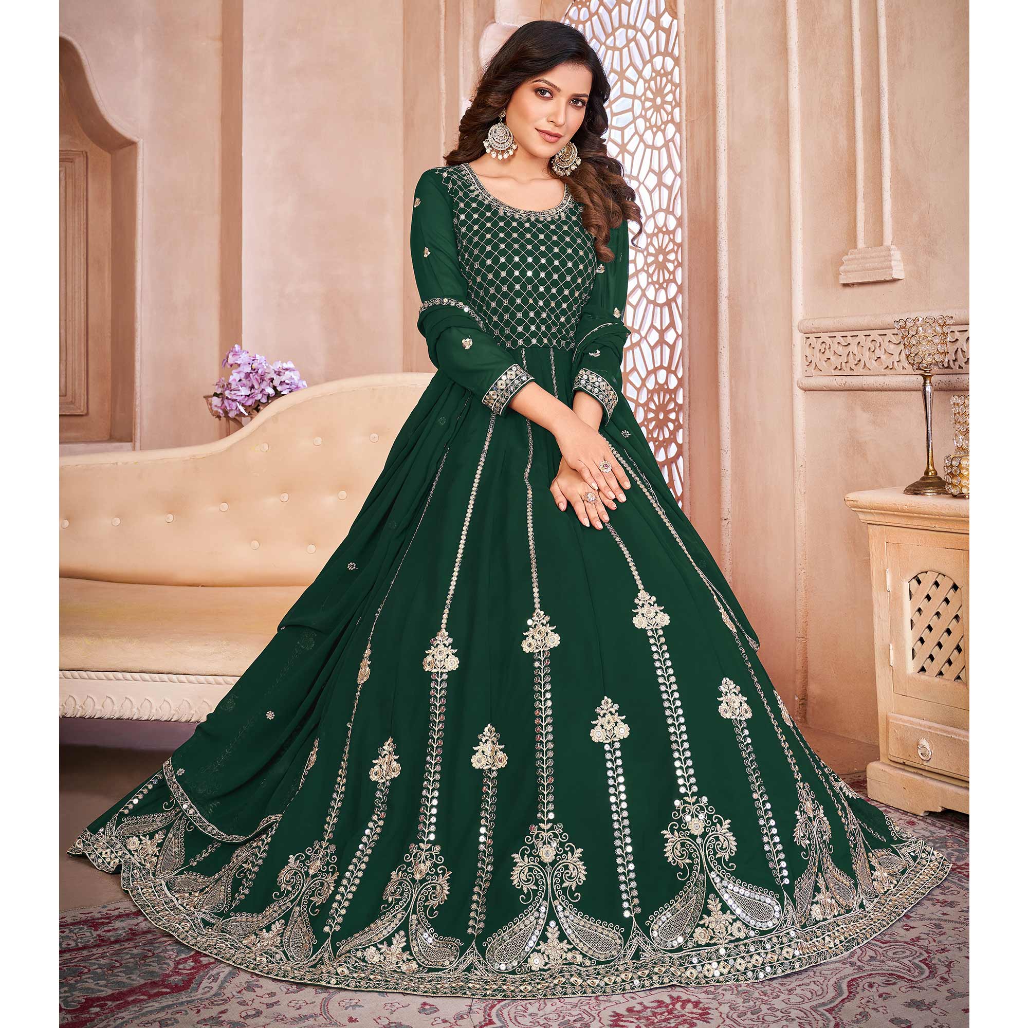Green Floral Sequins Embroidered Georgette Semi Stitched Anarkali Suit