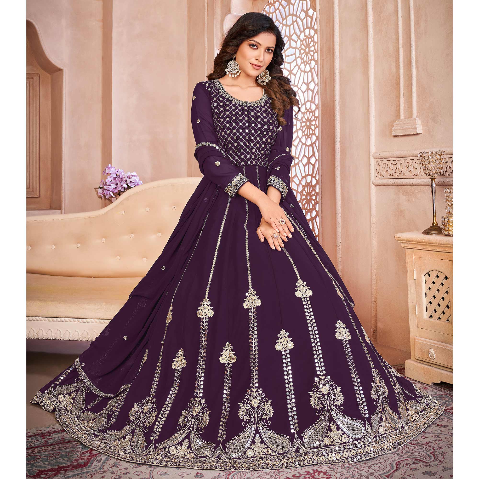 Purple Floral Sequins Embroidered Georgette Semi Stitched Anarkali Suit