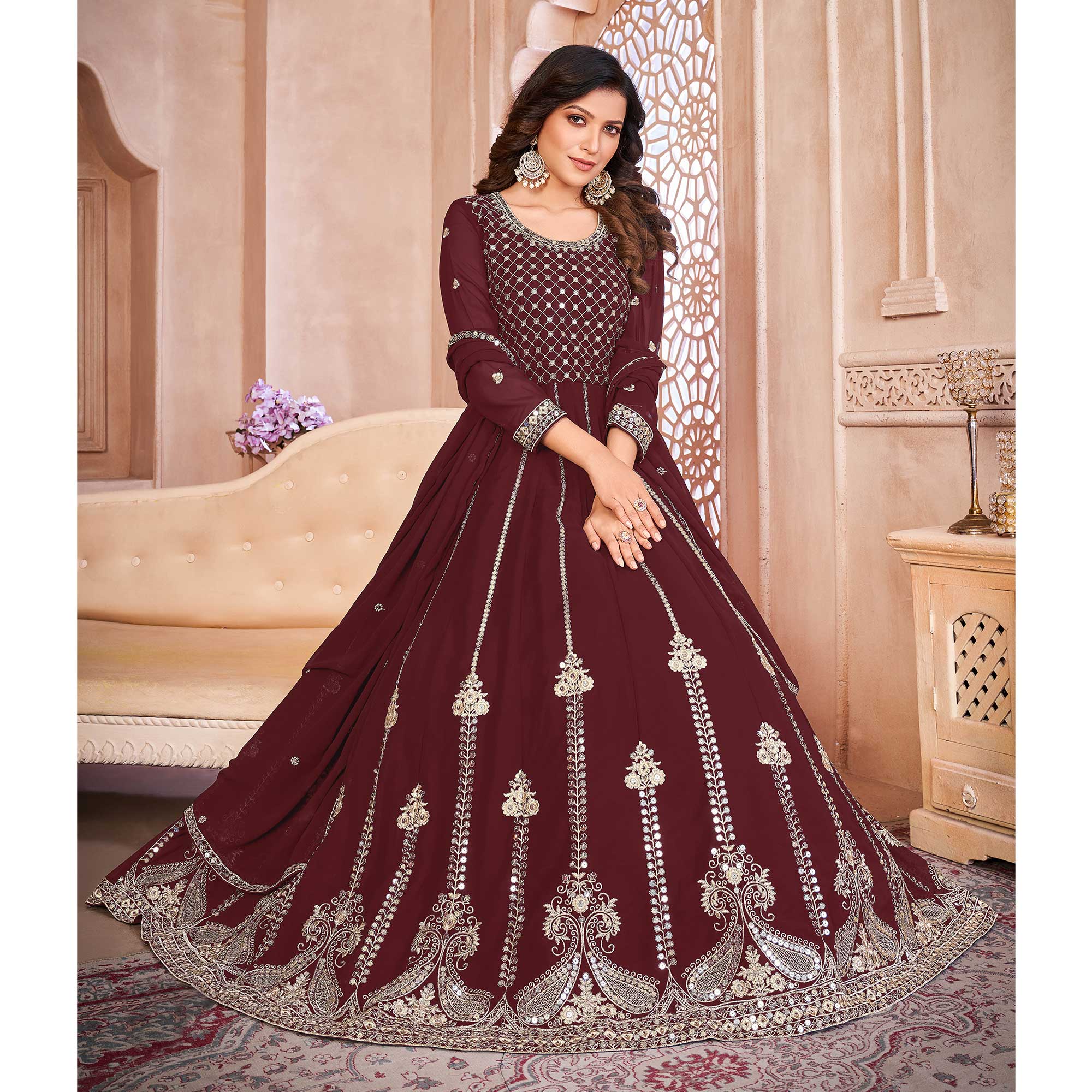 Maroon Floral Sequins Embroidered Georgette Semi Stitched Anarkali Suit