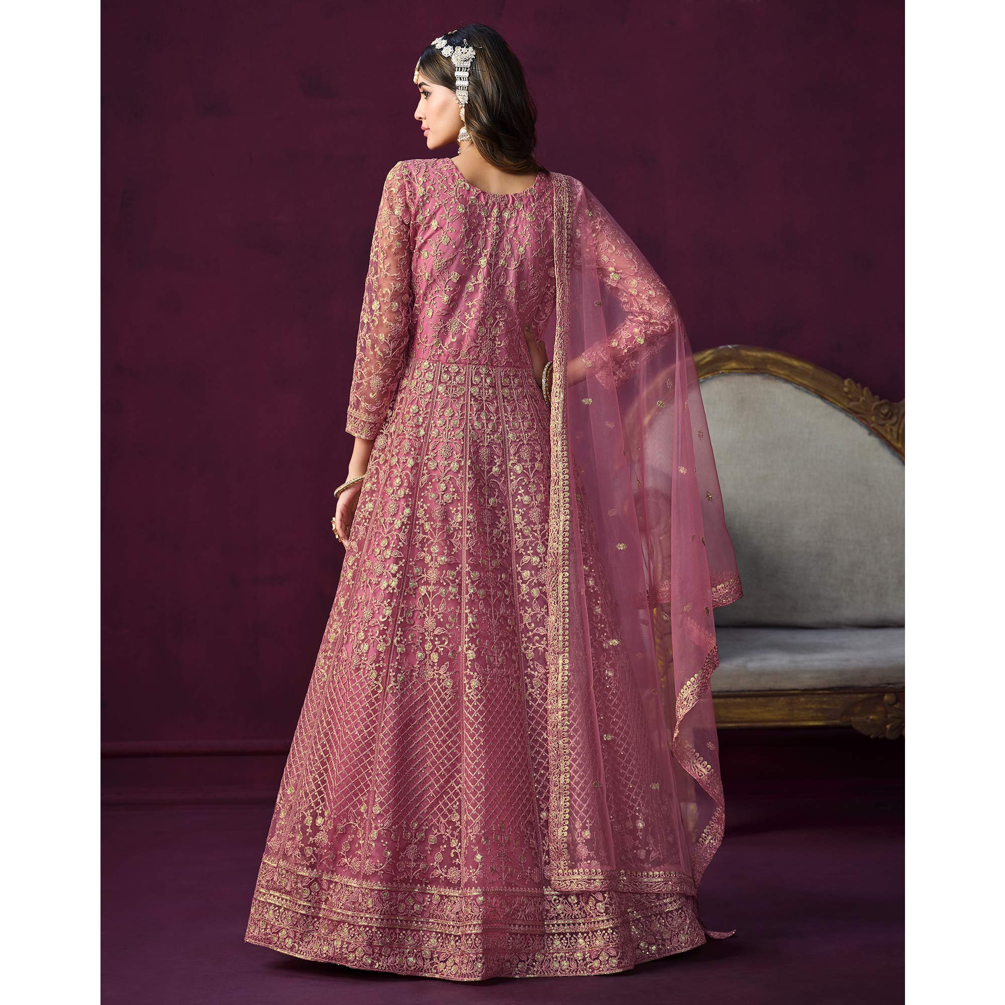 Pink Floral Embroidered Net Semi Stitched Anarkali Suit