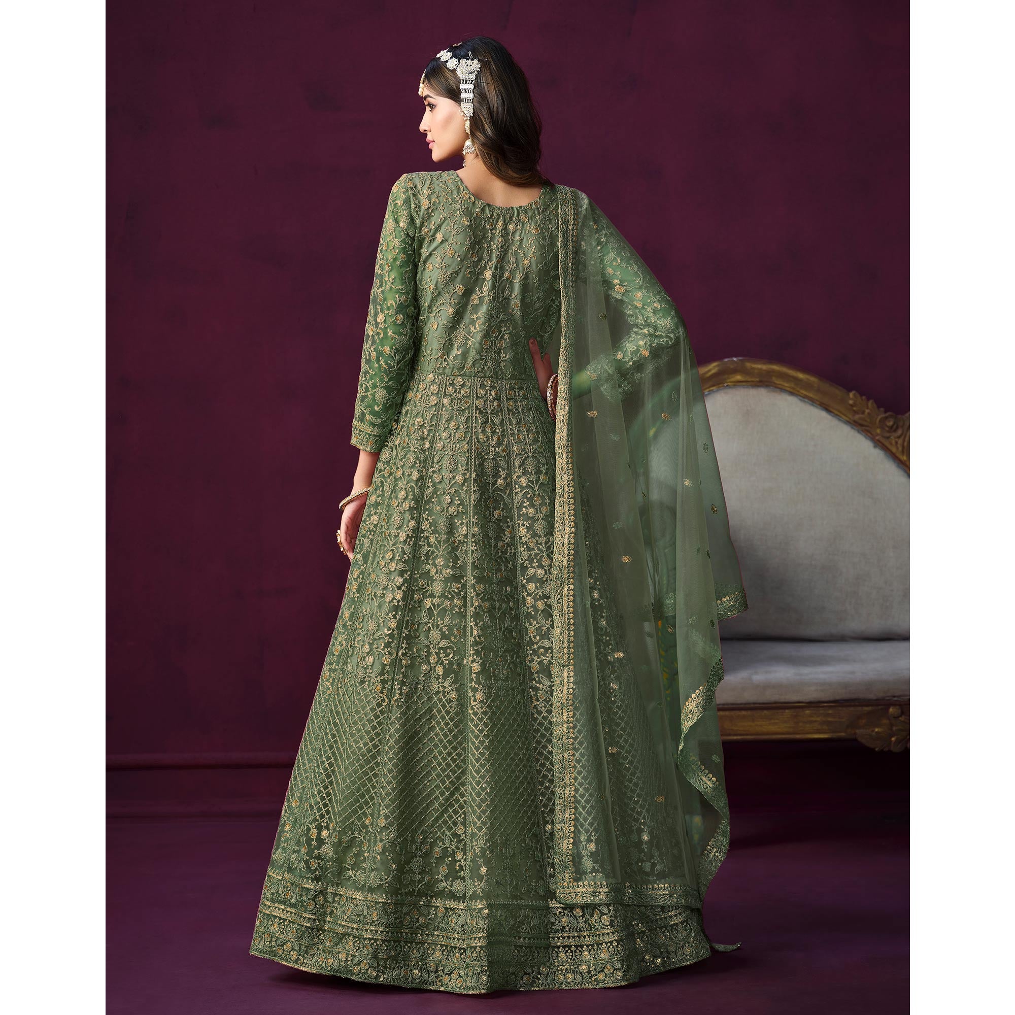 Green Floral Embroidered Net Semi Stitched Anarkali Suit