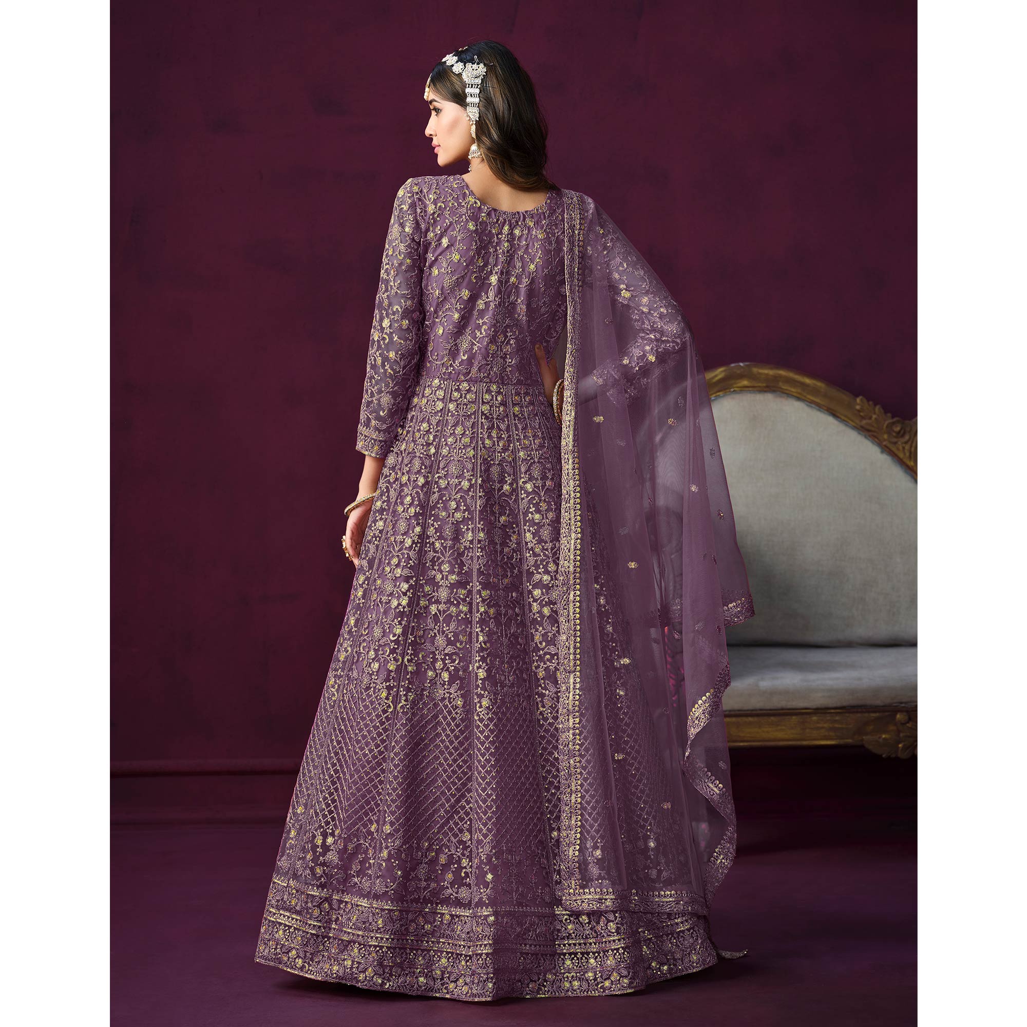 Purple Floral Embroidered Net Semi Stitched Anarkali Suit