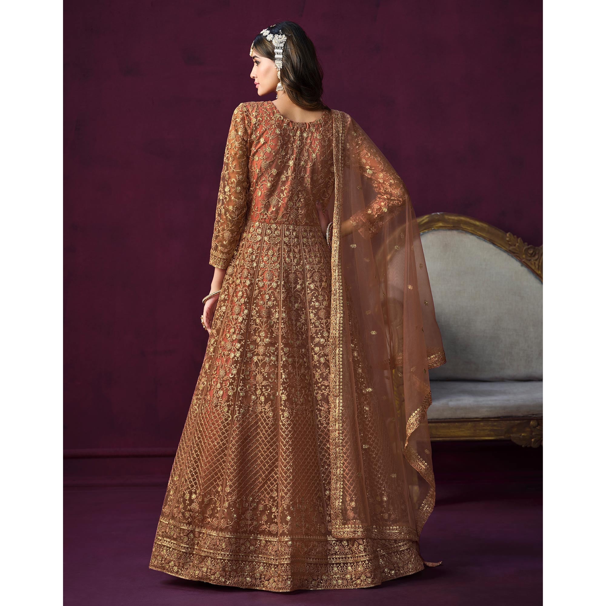 Rust Floral Embroidered Net Semi Stitched Anarkali Suit