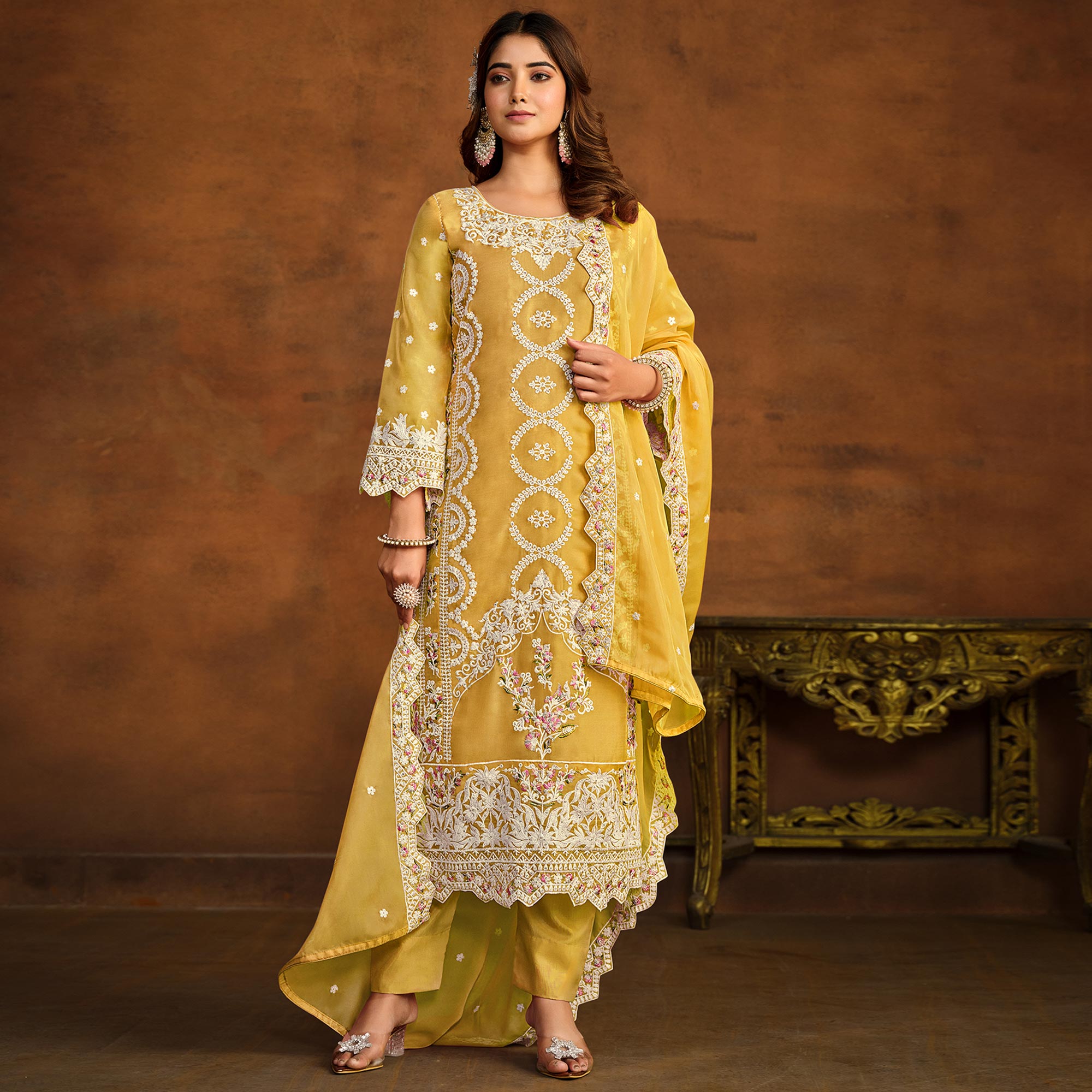 Yellow Floral Embroidered Soft Organza Semi Stithed Suit
