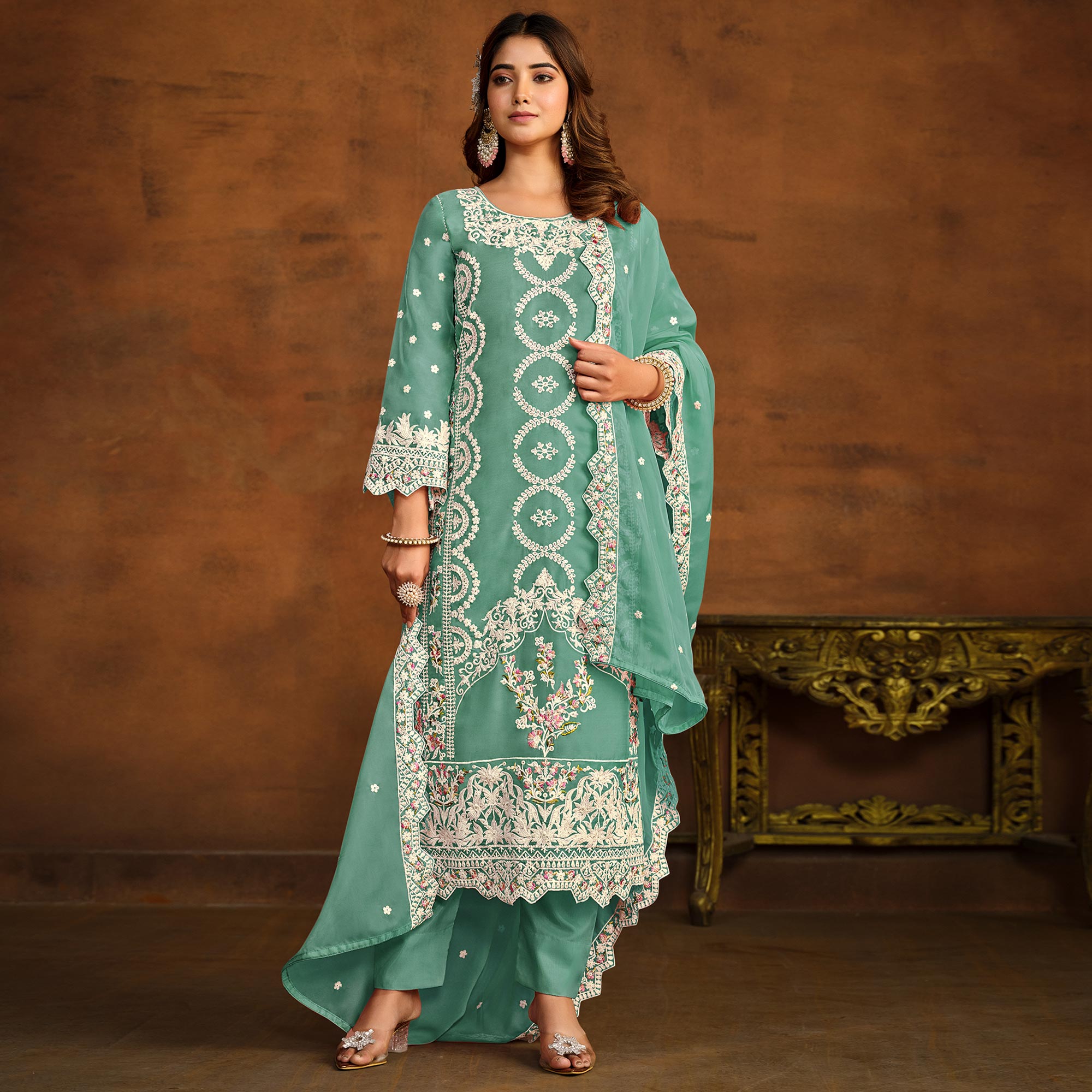Sea Green Floral Embroidered Soft Organza Semi Stithed Suit
