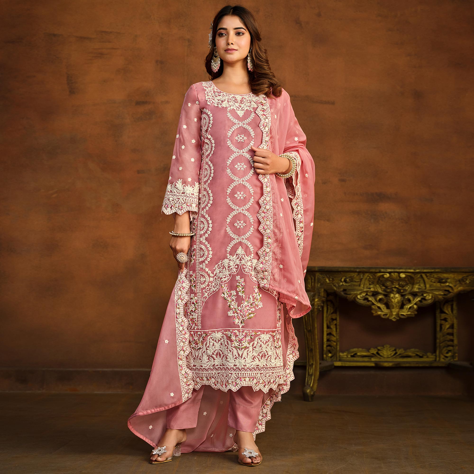 Pink Floral Embroidered Soft Organza Semi Stithed Suit