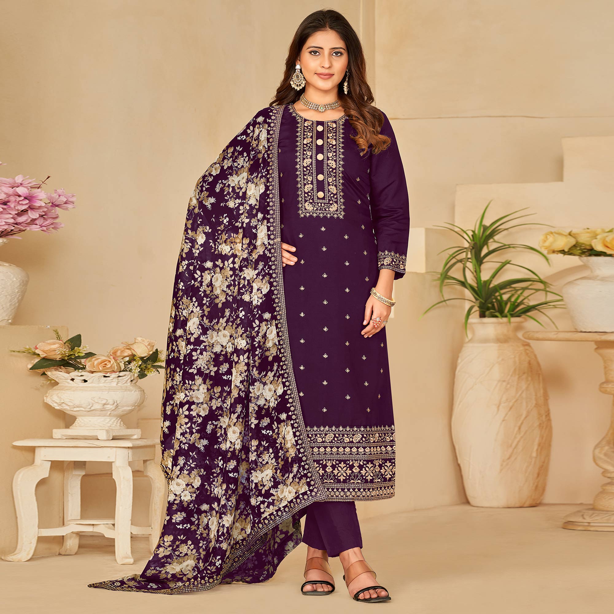 Purple Embroidered Pure Silk Semi Stitched Suit