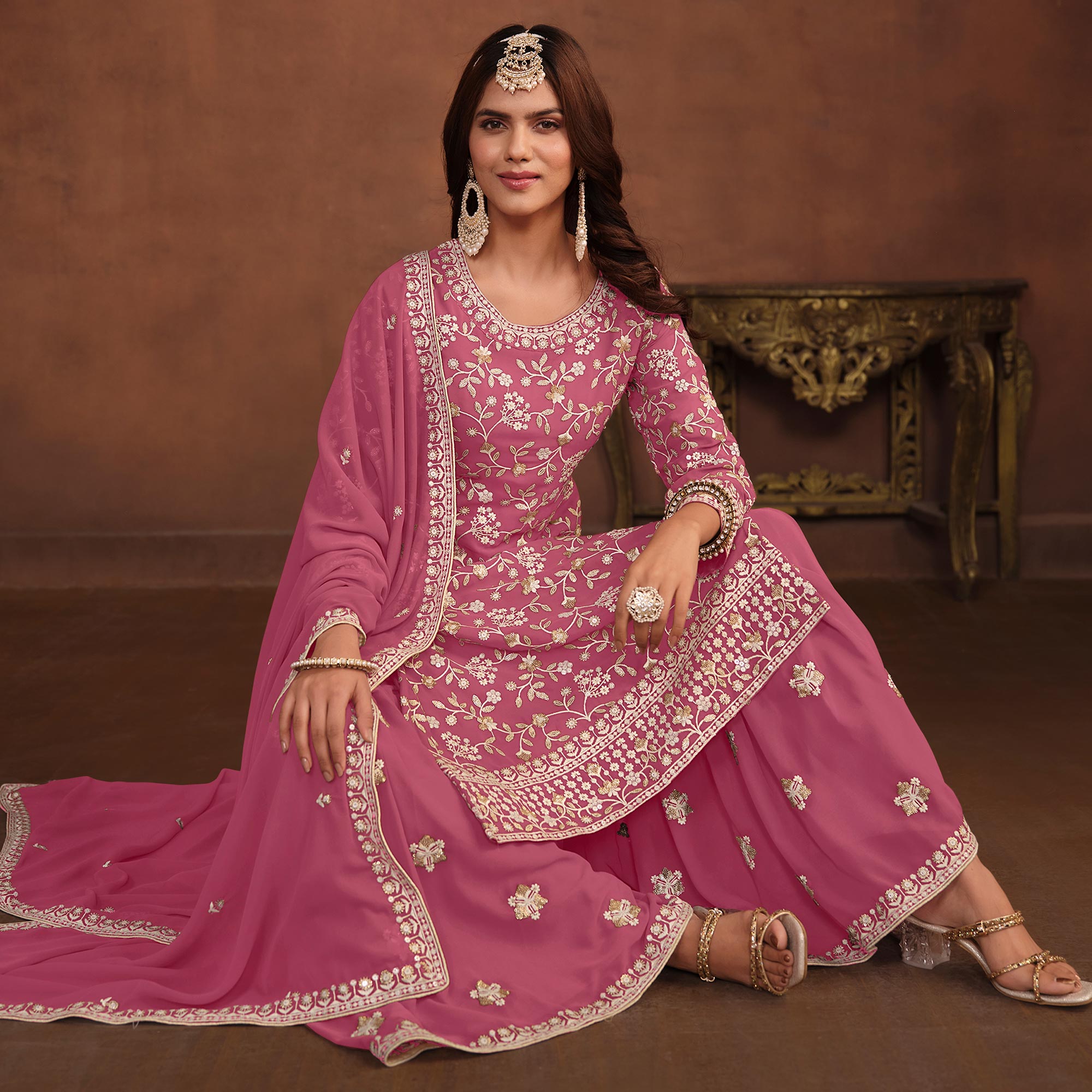Pink Floral Embroidered Georgette Semi Stithed Suit