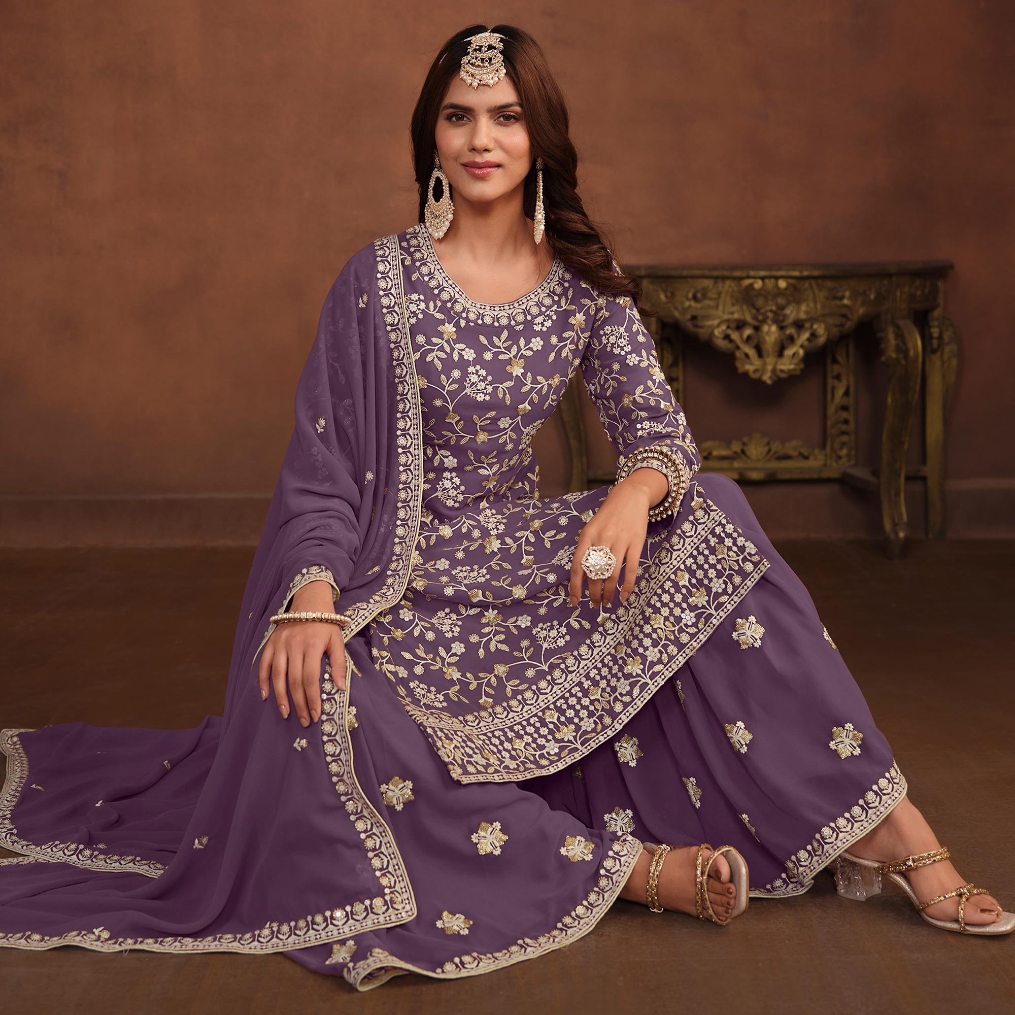 Purple Floral Embroidered Georgette Semi Stithed Suit