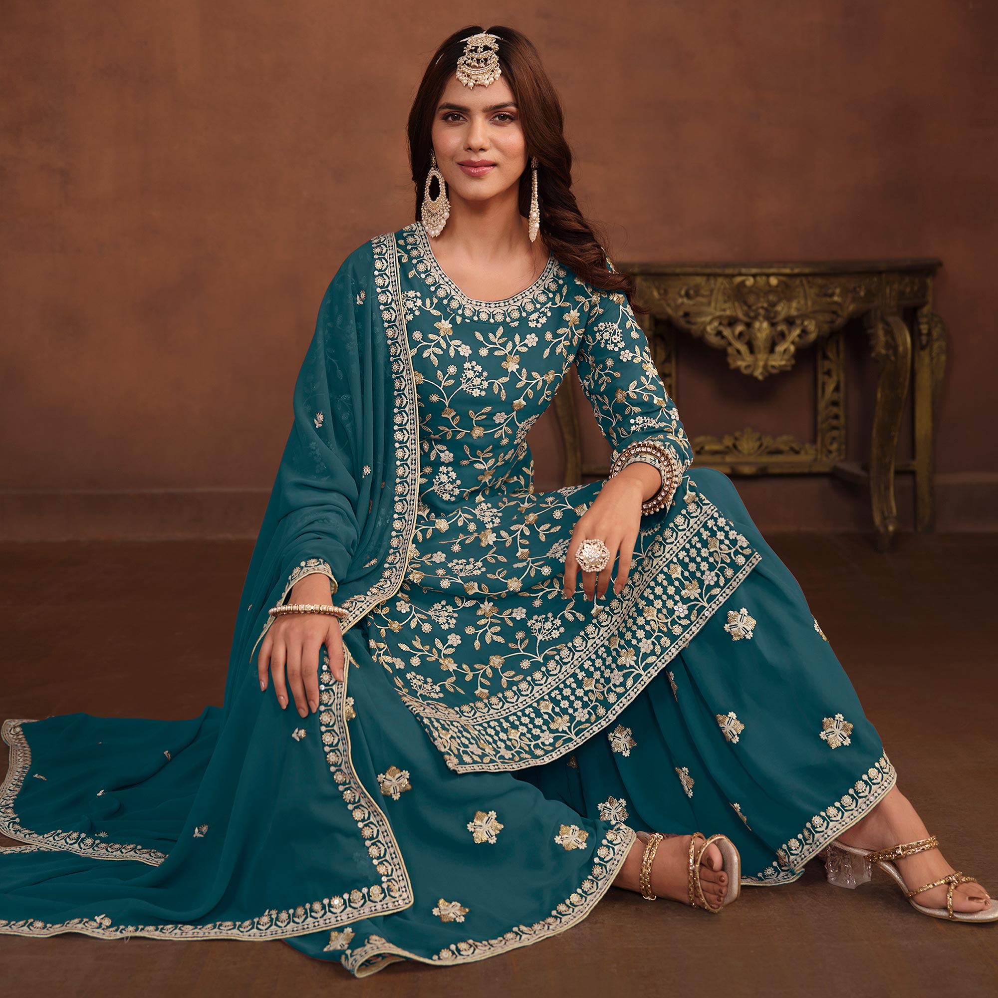 Teal Floral Embroidered Georgette Semi Stithed Suit