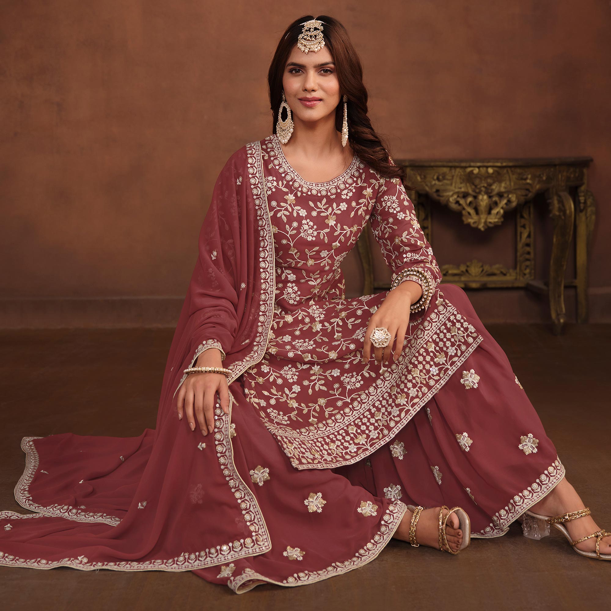 Burnt Red Floral Embroidered Georgette Semi Stithed Suit