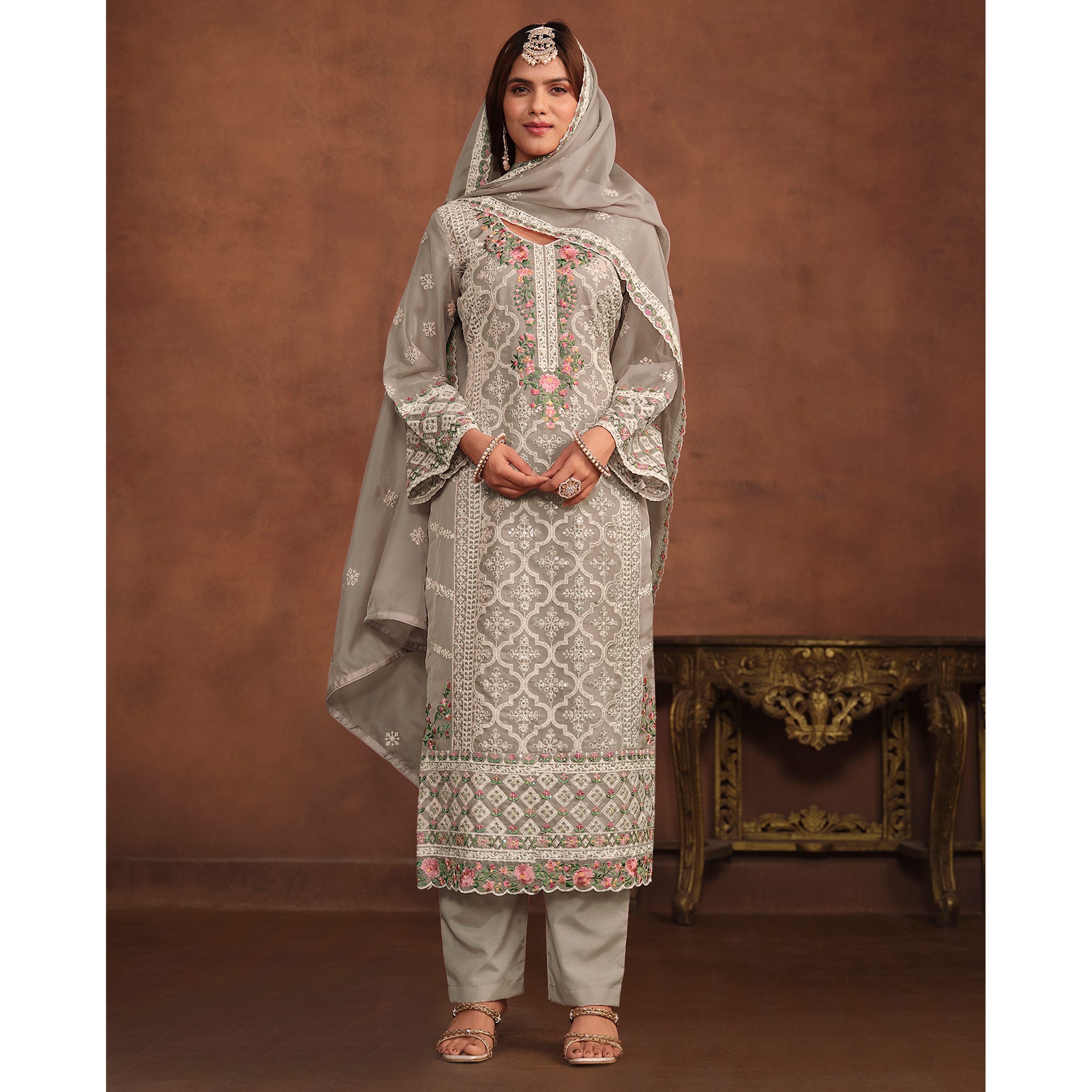 Grey Floral Embroidered Organza Semi Stitched Suit
