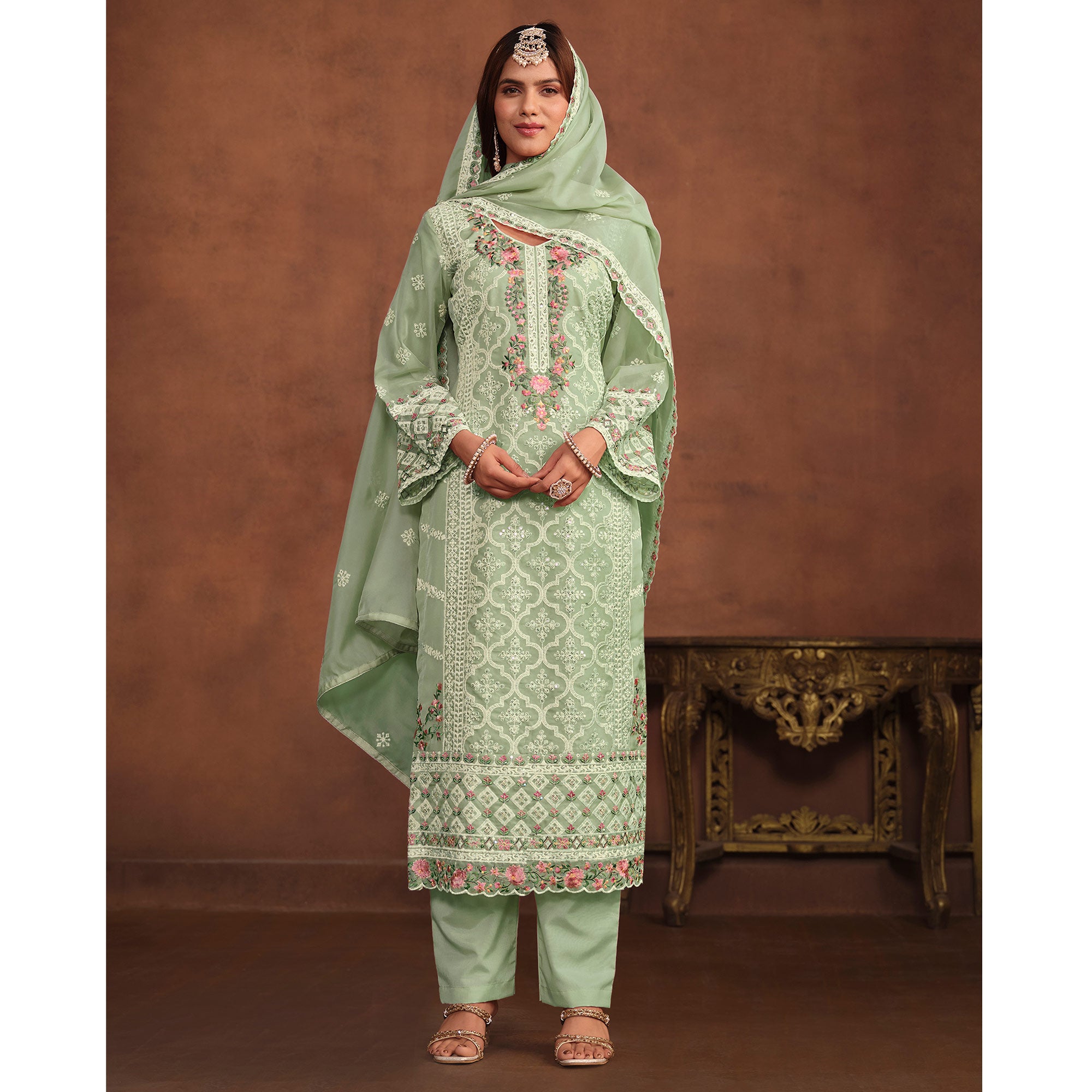Green Floral Embroidered Organza Semi Stitched Suit
