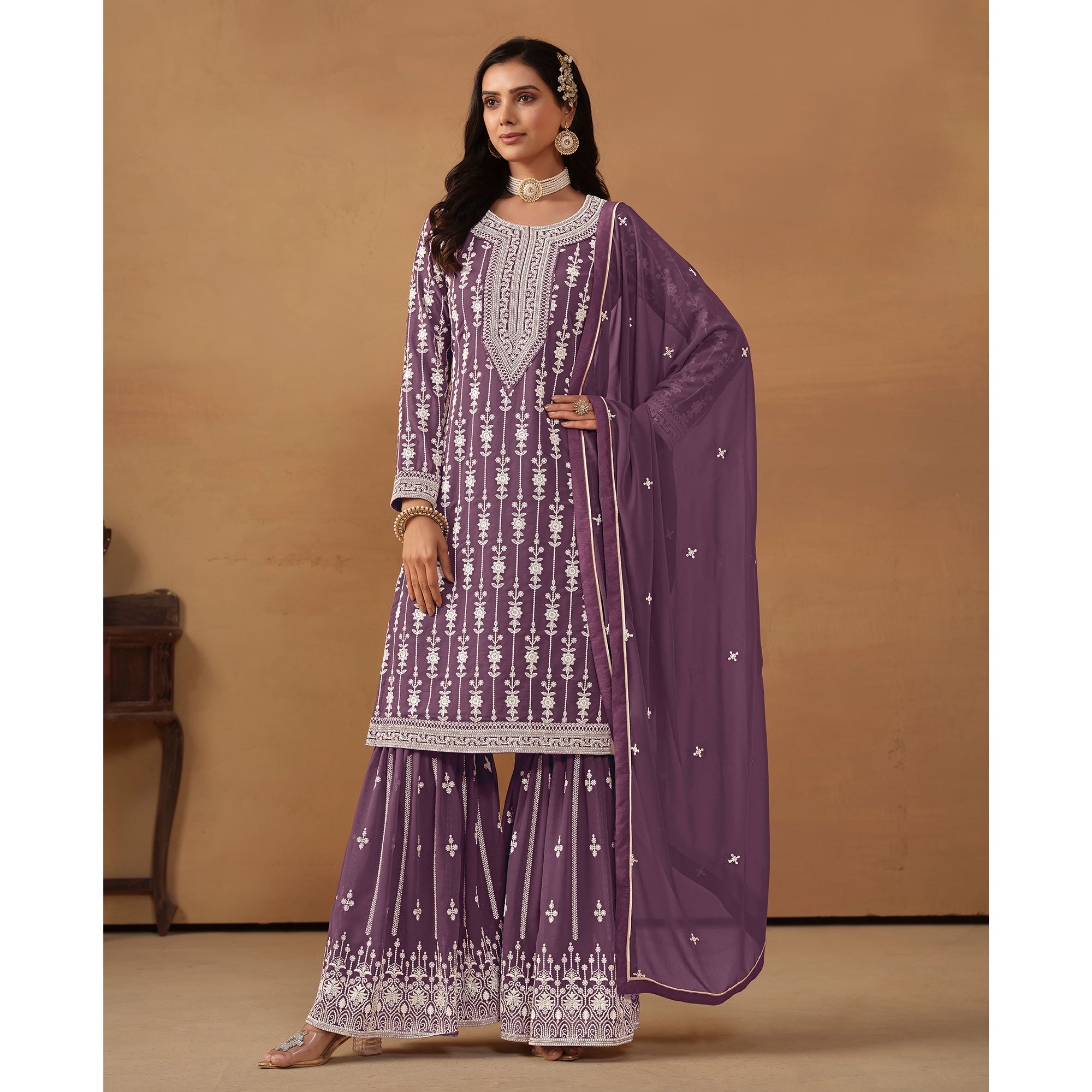 Purple Floral Embroidered Georgette Semi Stithed Sharara Suit