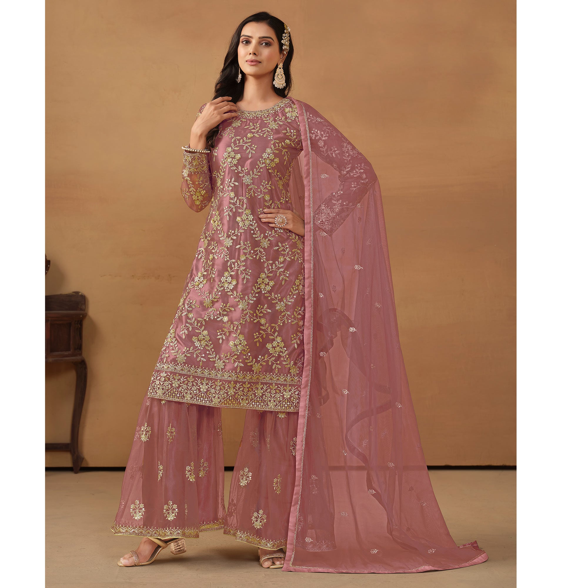 Pink Floral Embroidered Net Semi Stitched Sharara Suit