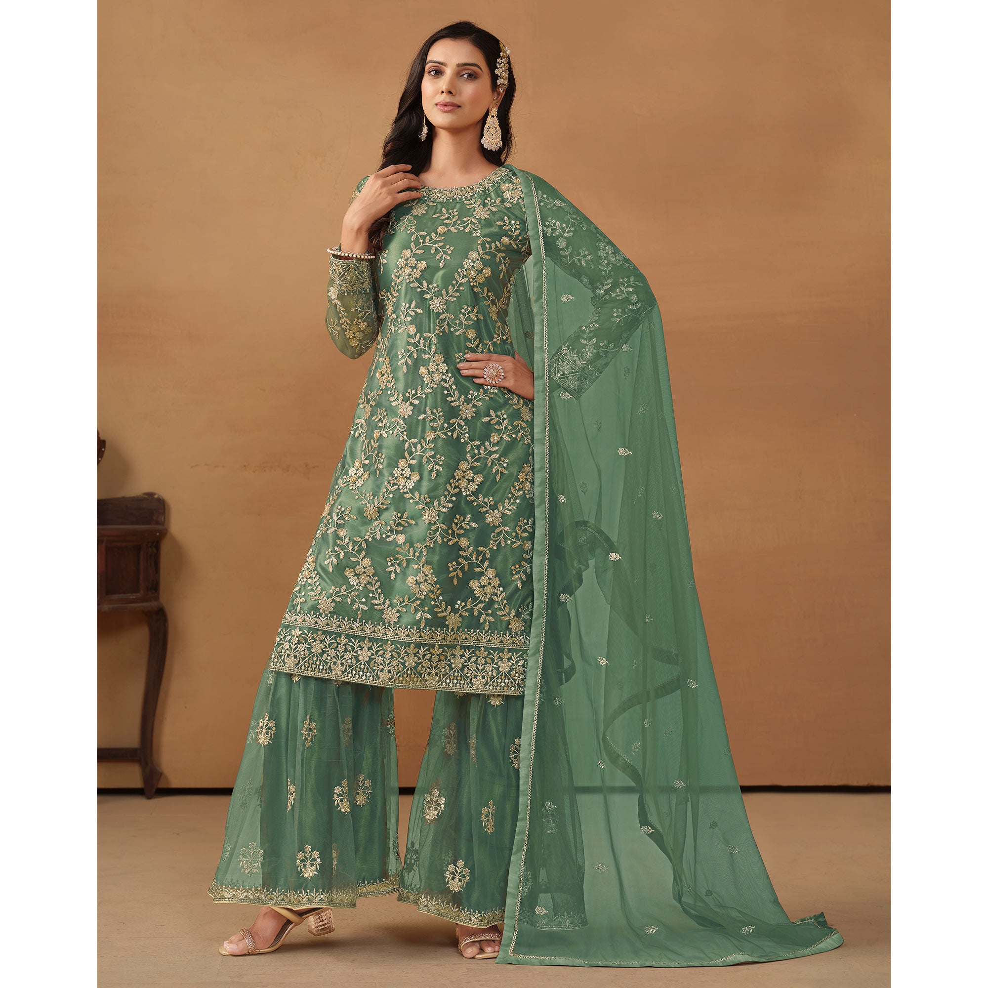 Sea Green Floral Embroidered Net Semi Stitched Sharara Suit