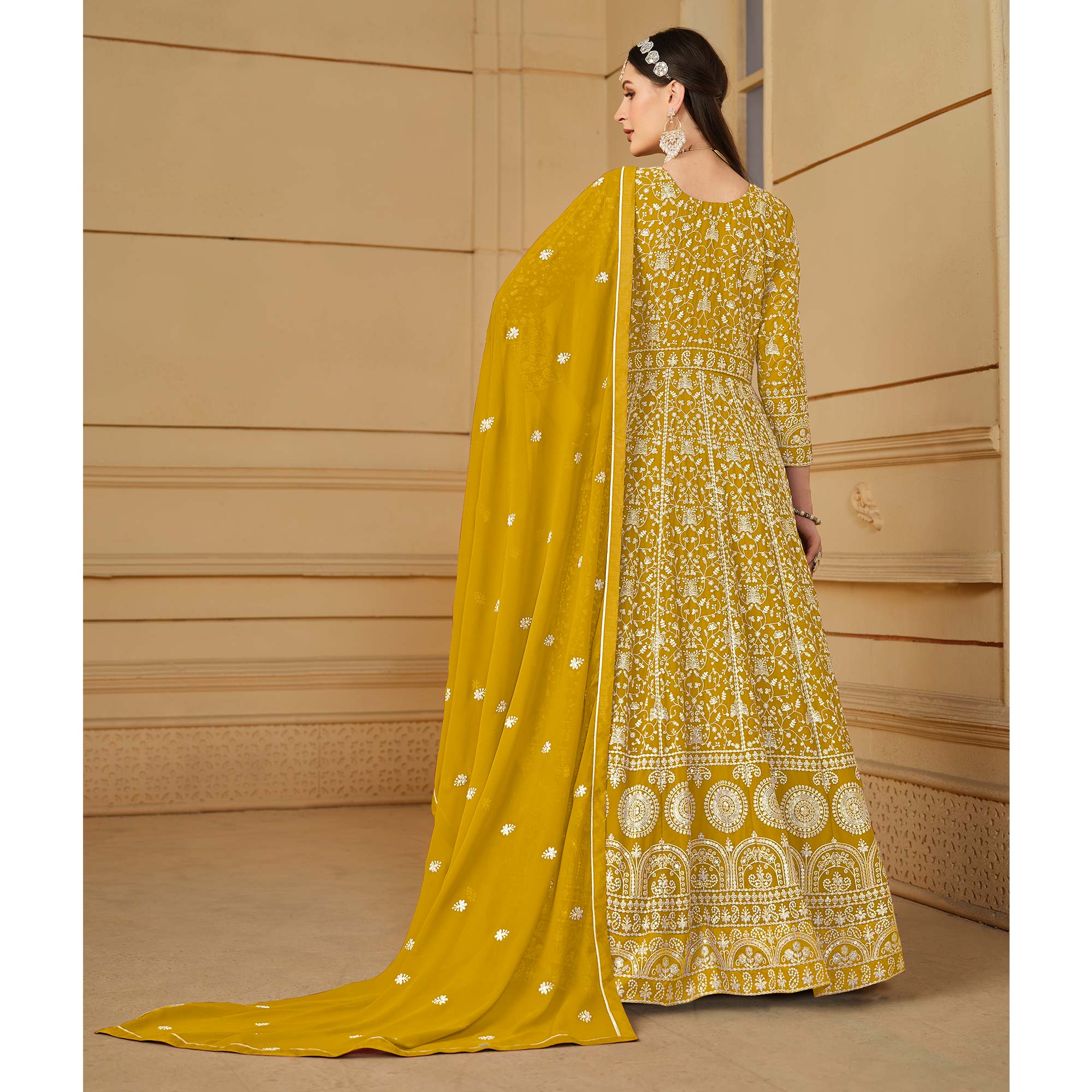 Yellow Floral Embroidered Georgette Semi Stitched Anarkali Suit