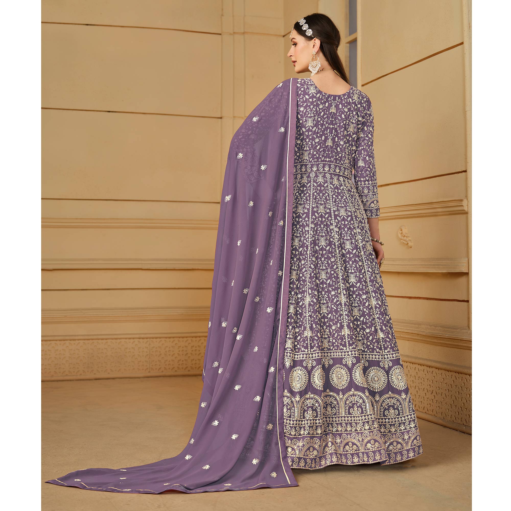 Purple Floral Embroidered Georgette Semi Stitched Anarkali Suit