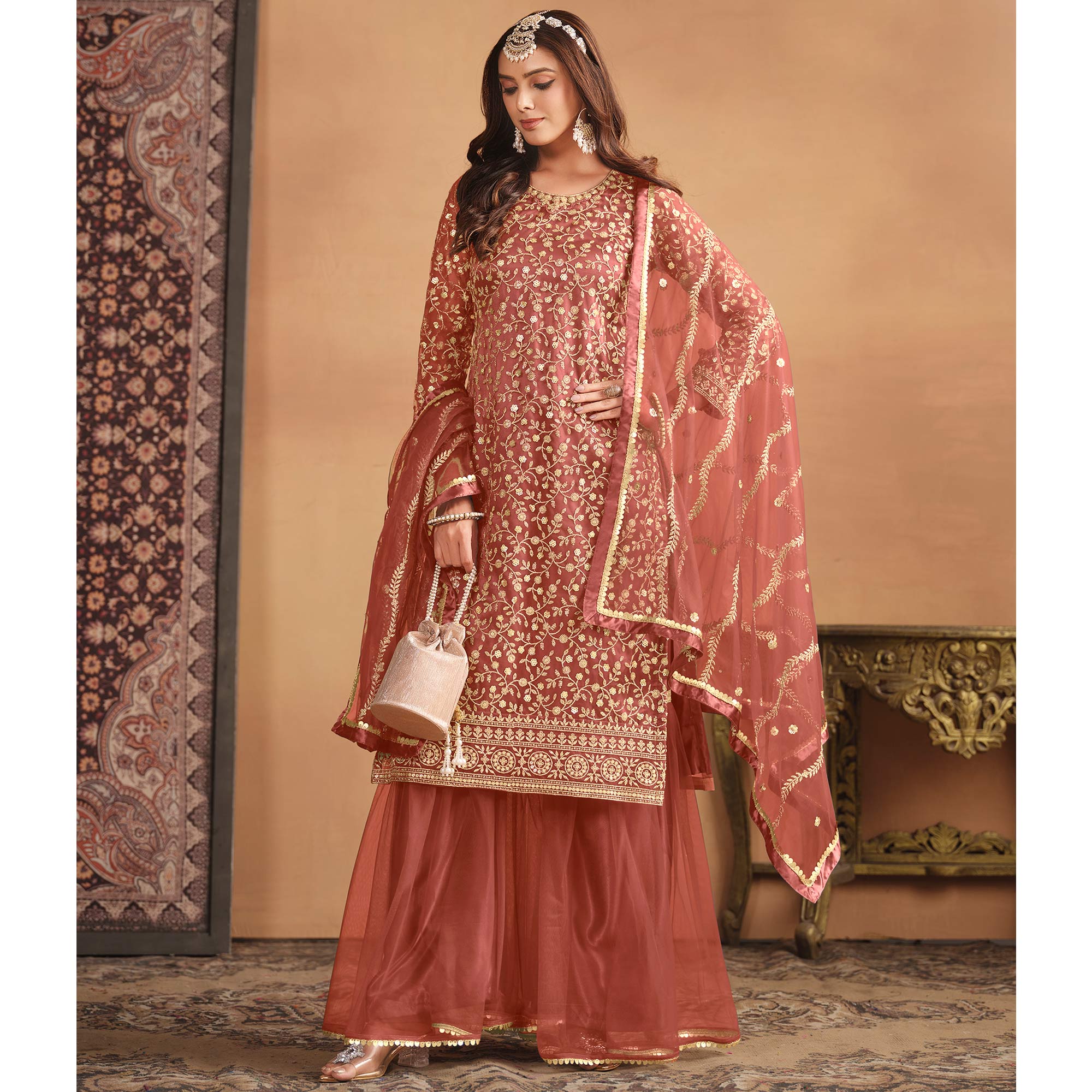 Rust Floral Sequins Embroidered Georgette Semi Stitched Sharara Suit