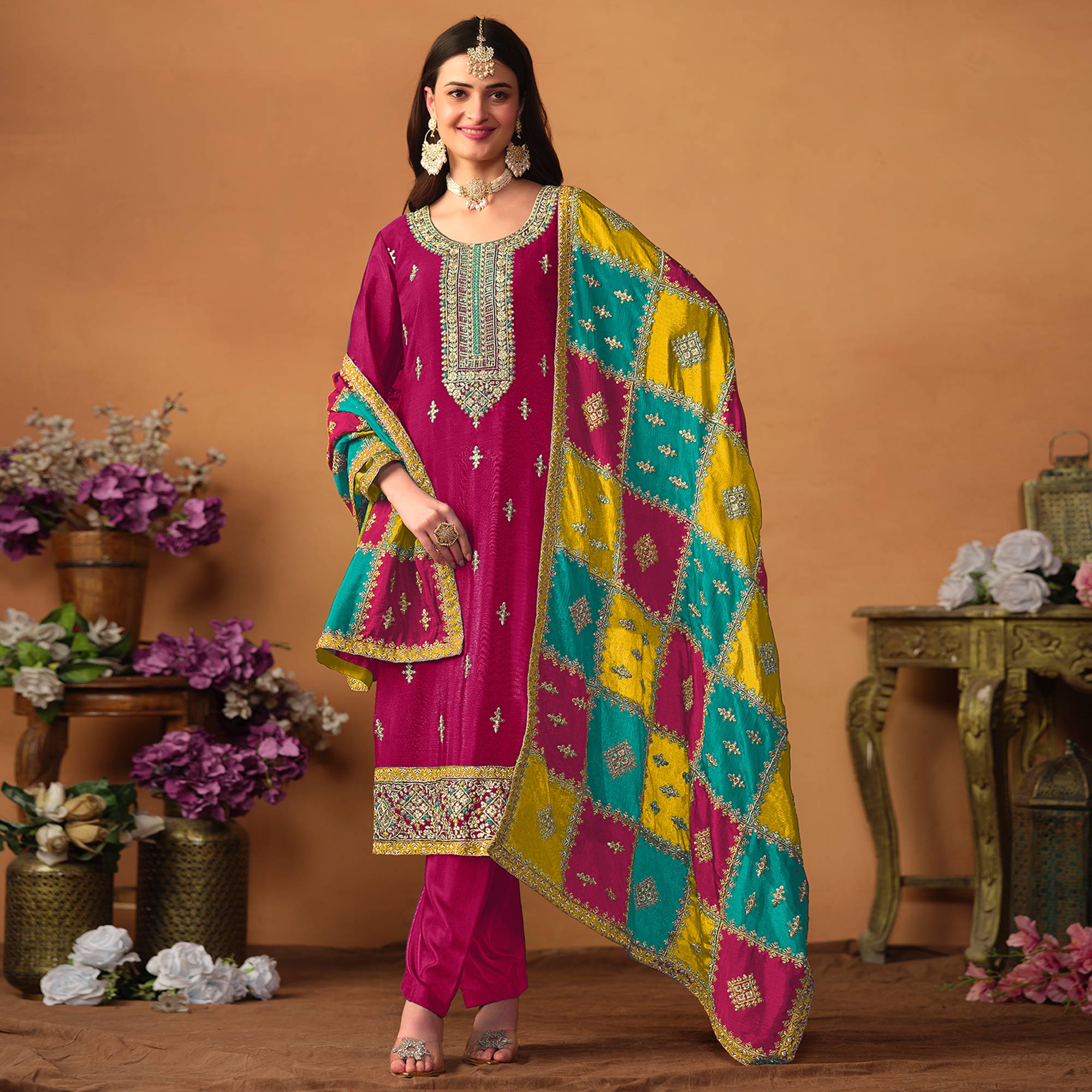 Pink Floral Sequins Embroidered Chinon Silk Semi Stitched Salwar Suit