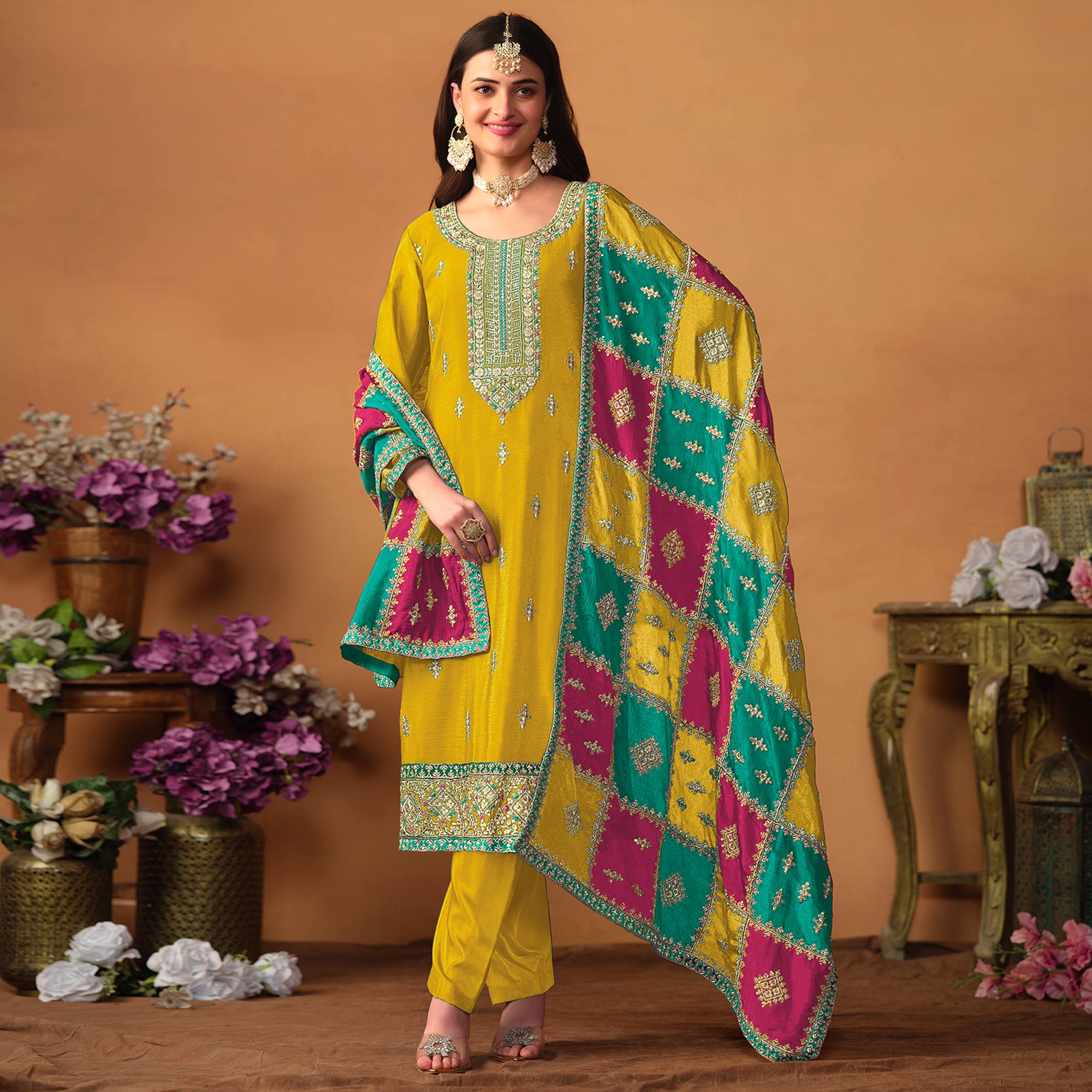 Yellow Floral Sequins Embroidered Chinon Silk Semi Stitched Salwar Suit