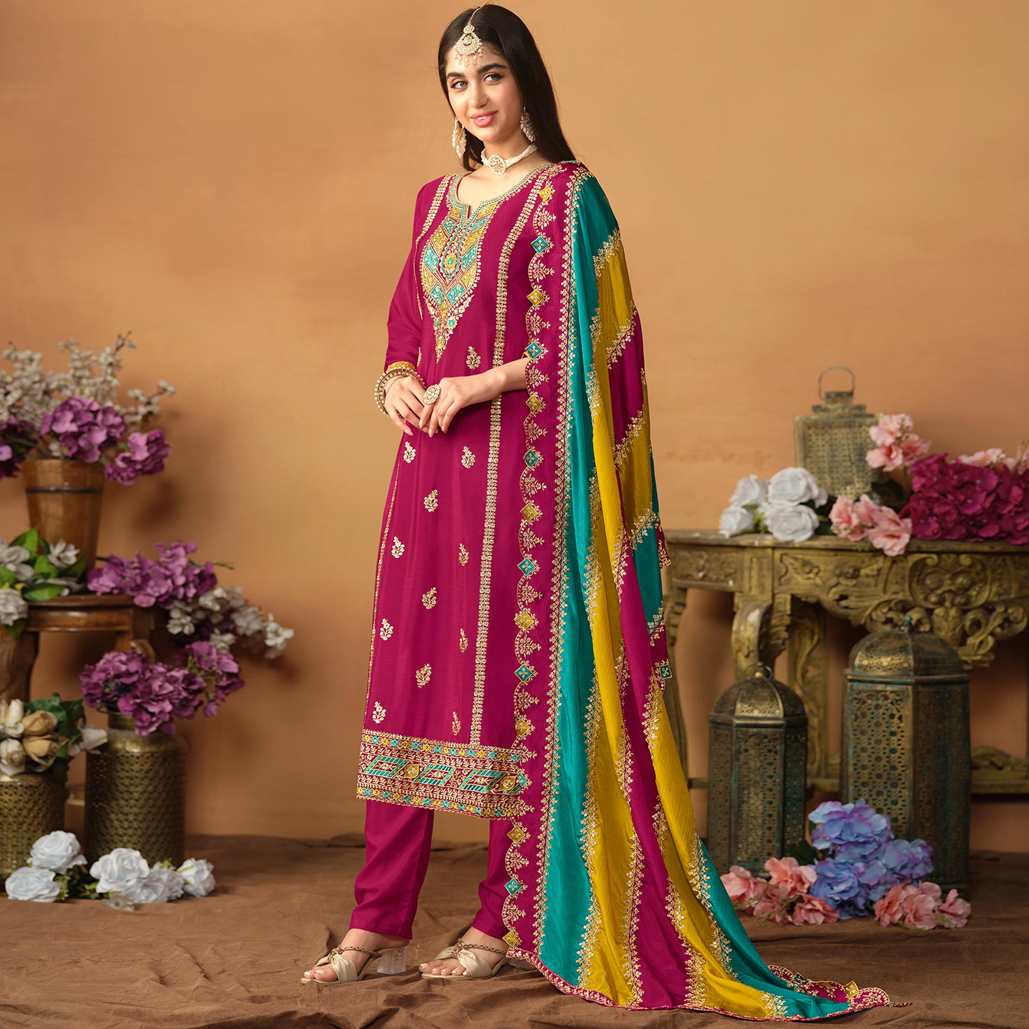 Pink Floral Sequins Embroidered Chinon Silk Semi Stitched Salwar Suit