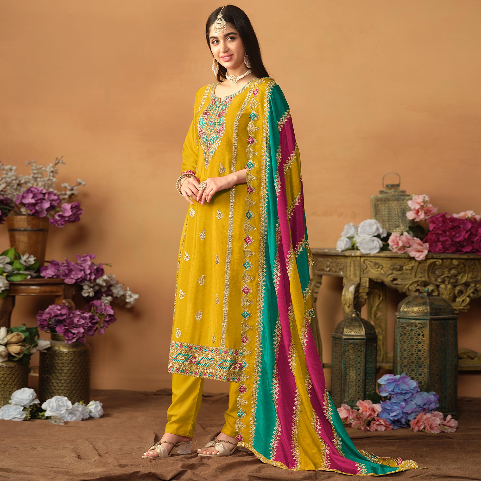 Yellow Floral Sequins Embroidered Chinon Silk Semi Stitched Salwar Suit