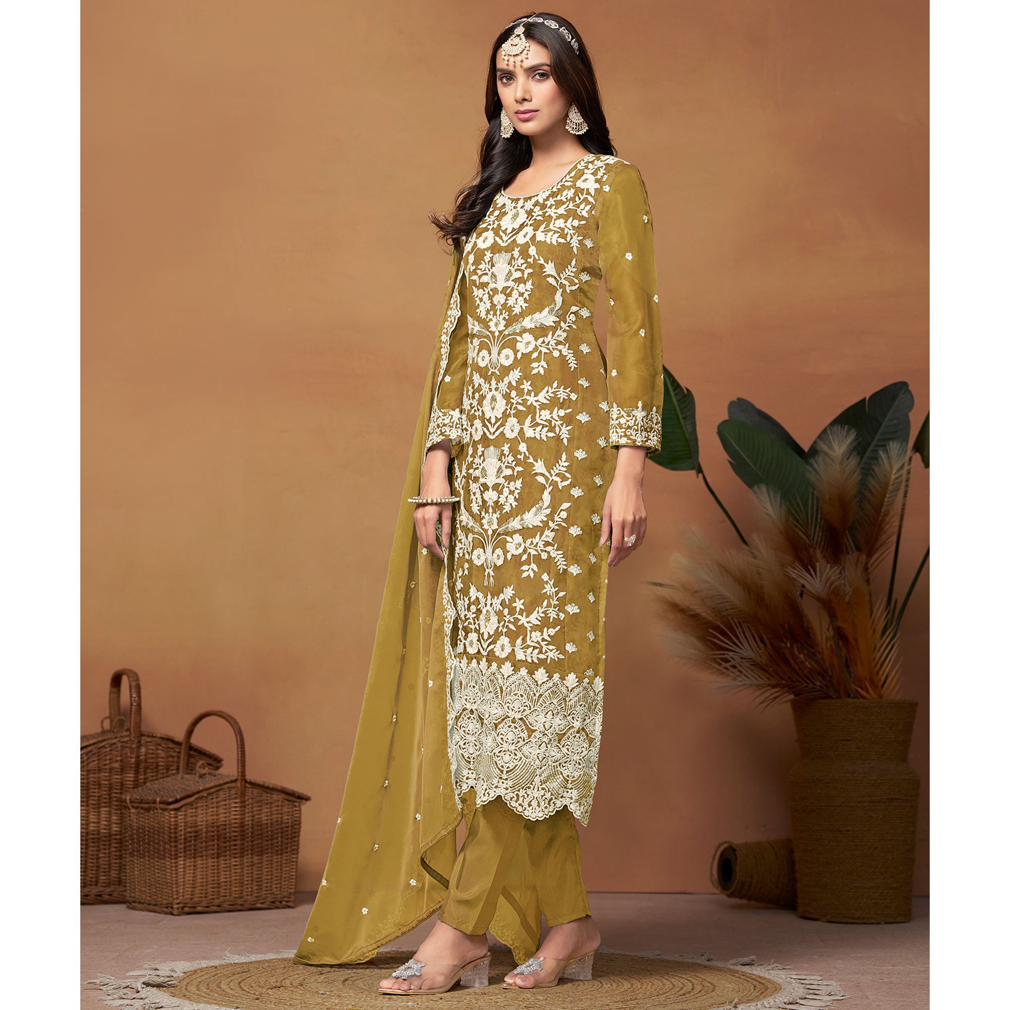 Mustard Floral Sequins Embroidered Organza Semi Stitched Salwar Suit