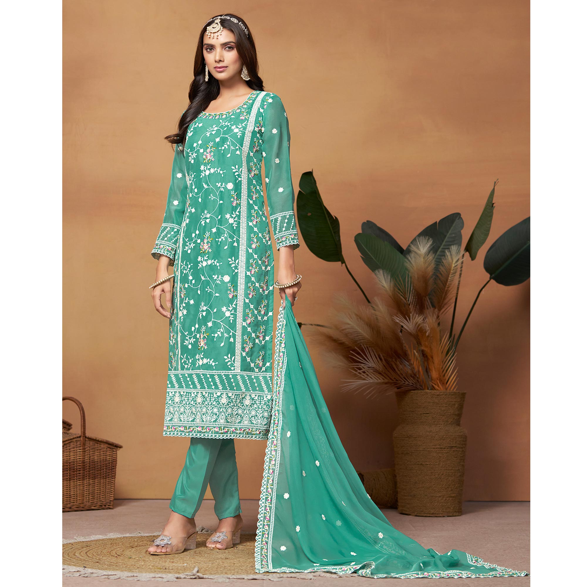 Rama Green Floral Embroidered Organza Semi Stitched Dress Material