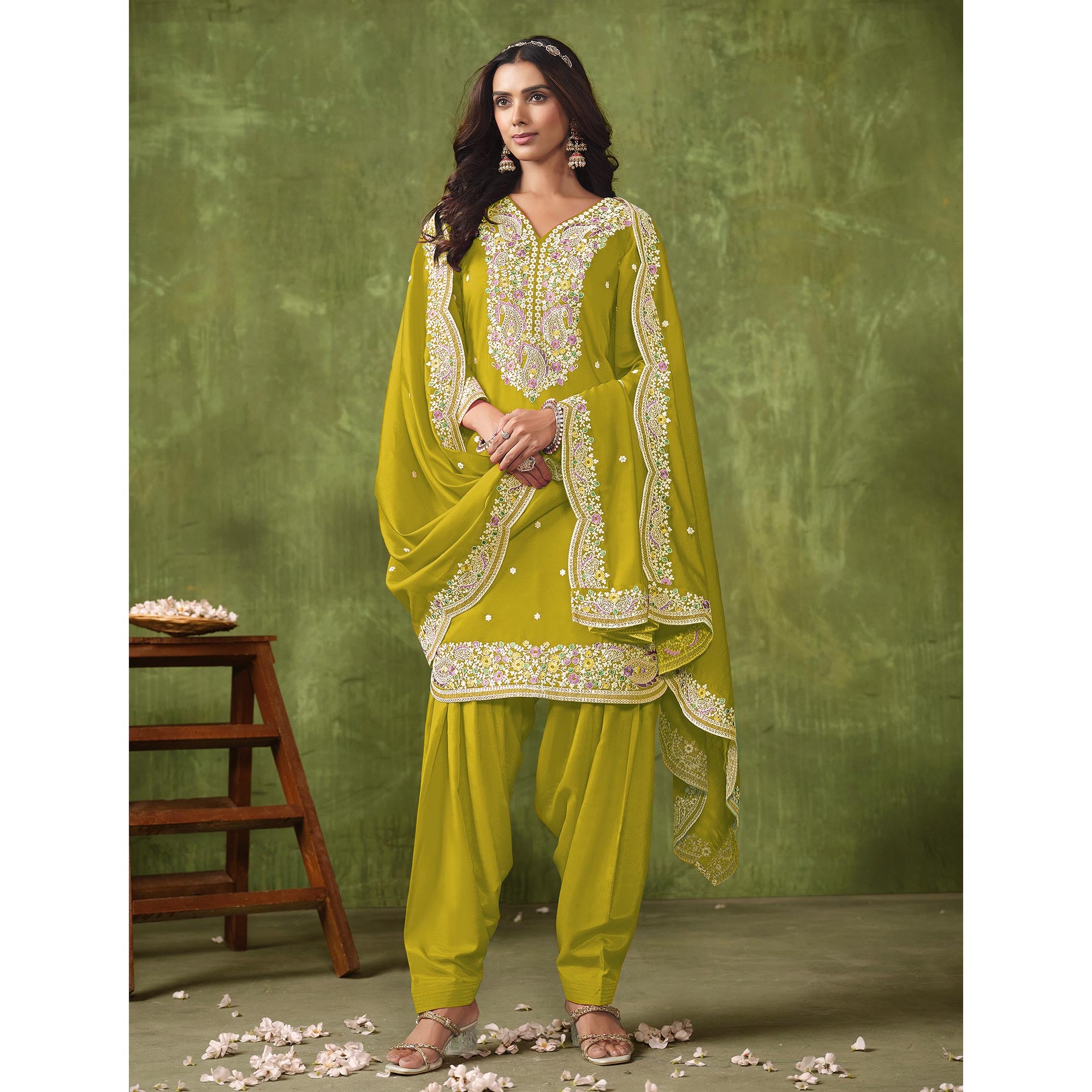 Olive Floral Embroidered Pure Silk Unstitched Dress Material