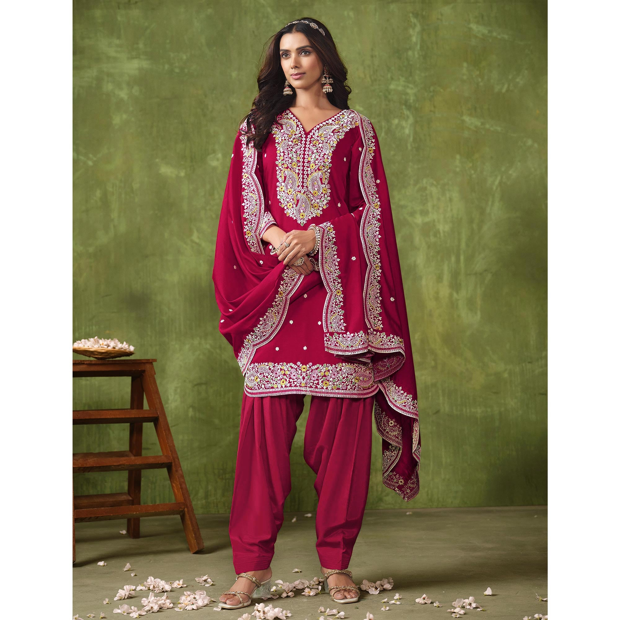Pink Floral Embroidered Pure Silk Unstitched Dress Material