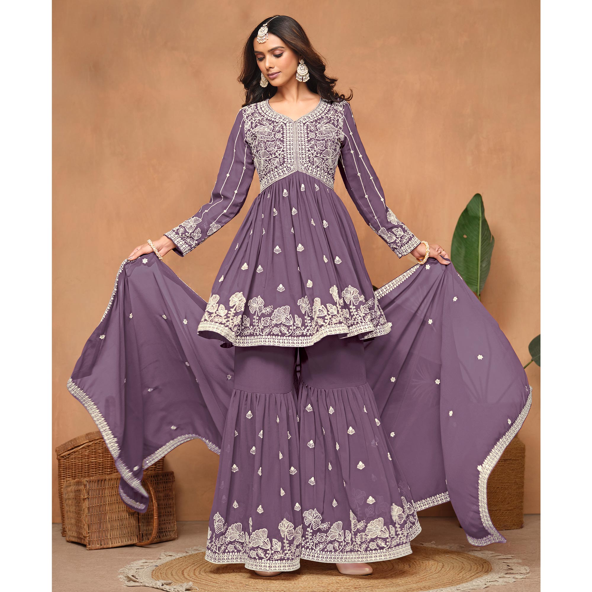 Purple Floral Embroidered Georgette Semi Stitched Suit