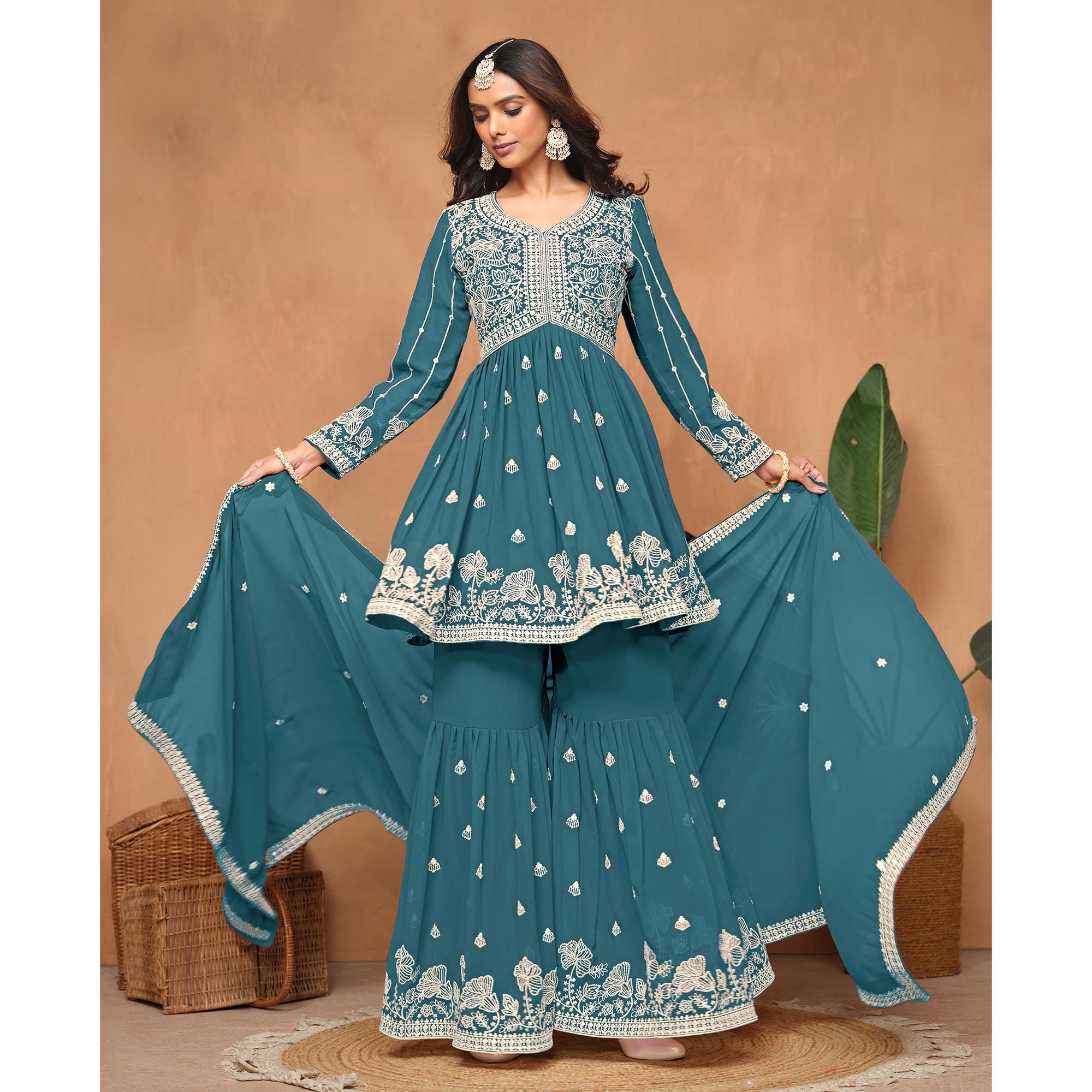 Teal Floral Embroidered Georgette Semi Stitched Suit