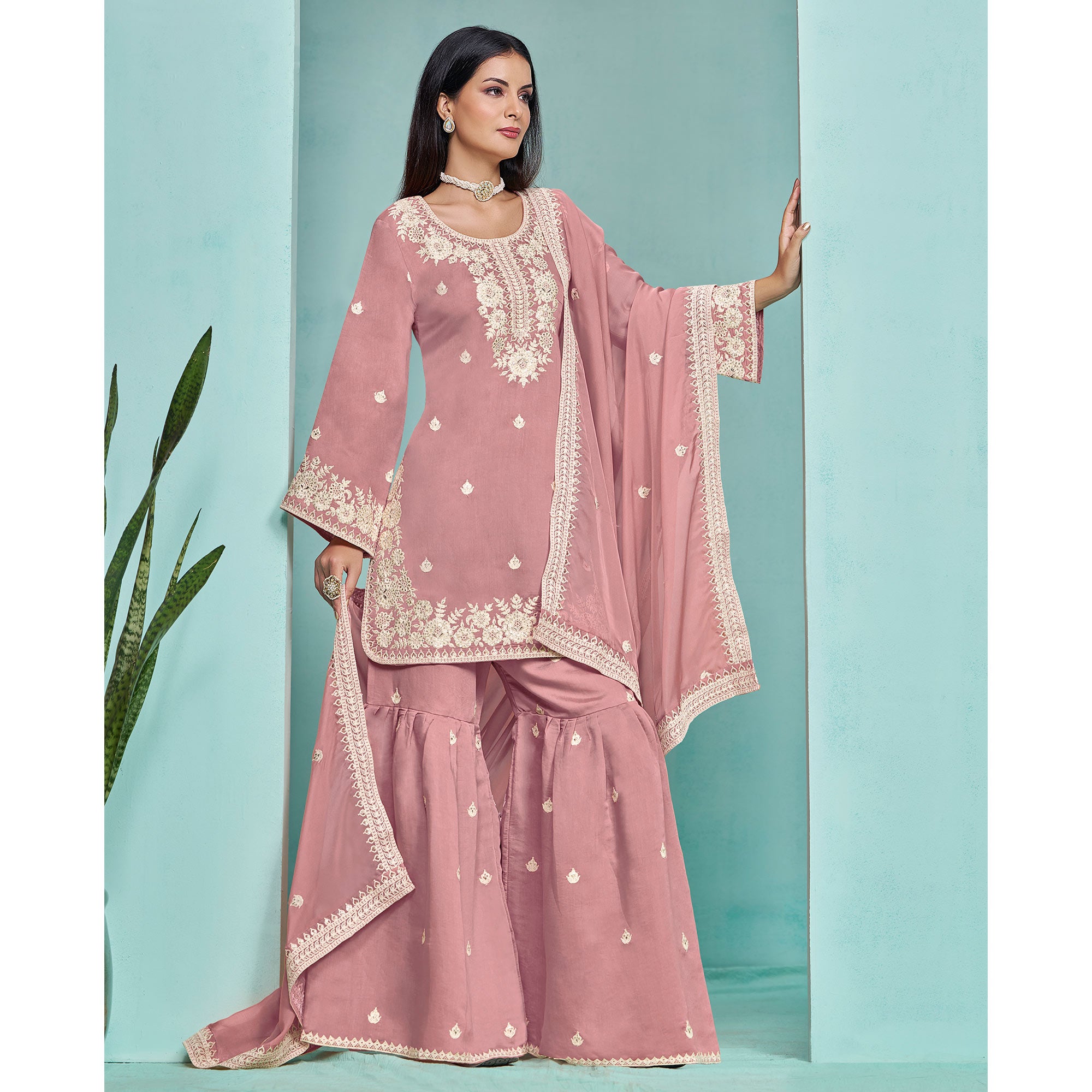 Pink Floral Sequins Embroidered Chanderi Semi Stitched Sharara Suit