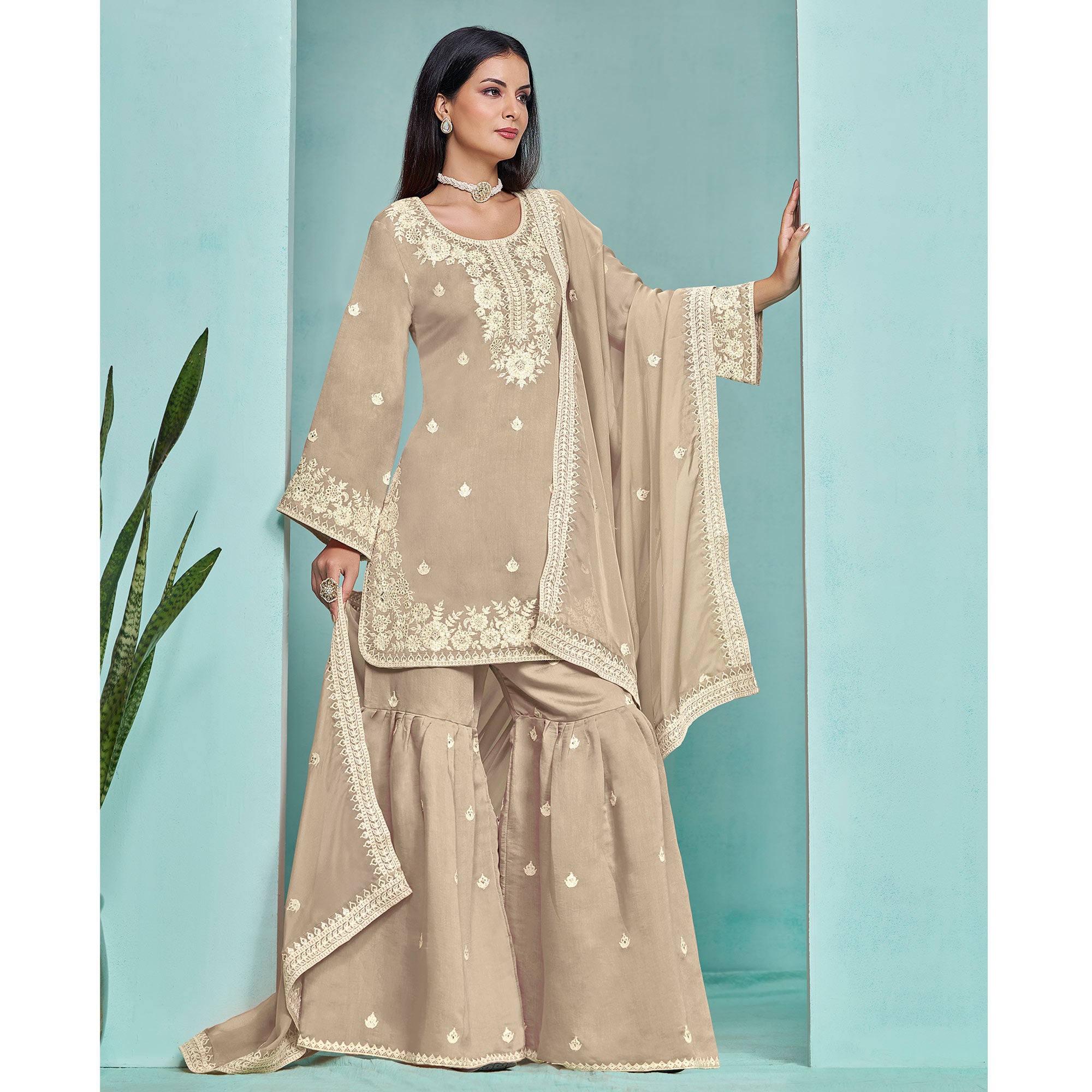 Cream Floral Sequins Embroidered Chanderi Semi Stitched Sharara Suit