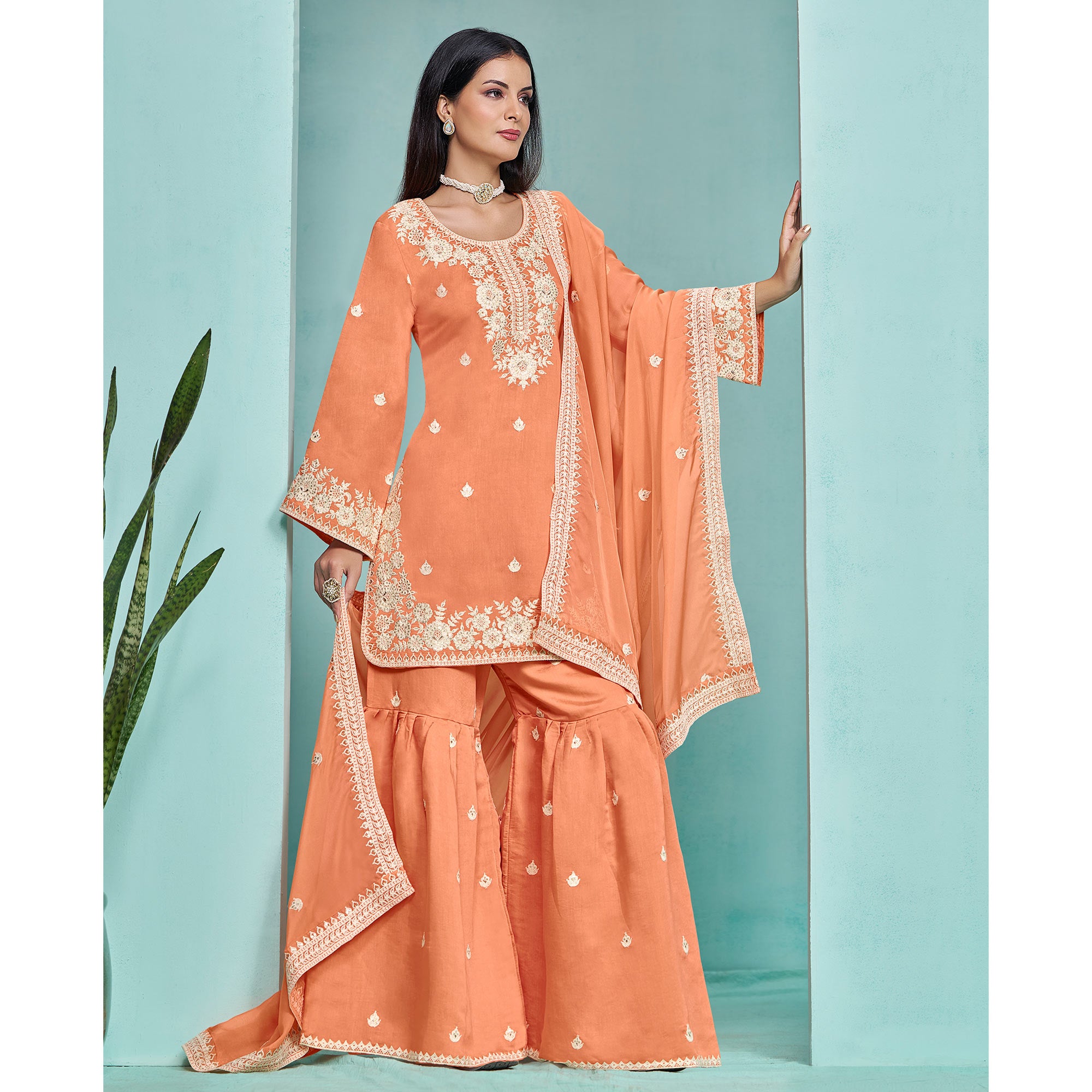 Orange Floral Sequins Embroidered Chanderi Semi Stitched Sharara Suit