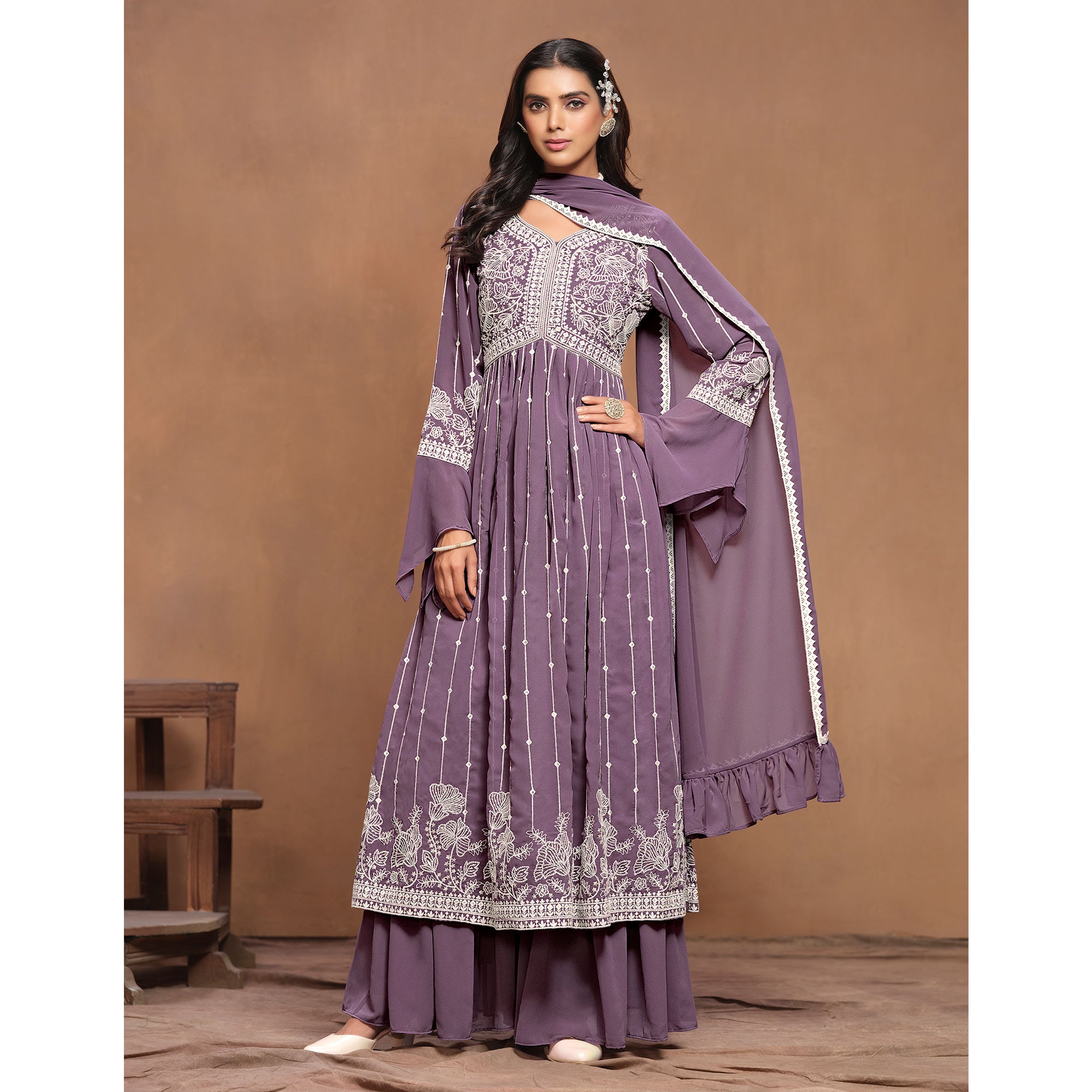 Purple Floral Embroidered Georgette Semi Stitched Alia Cut Sharara Suit