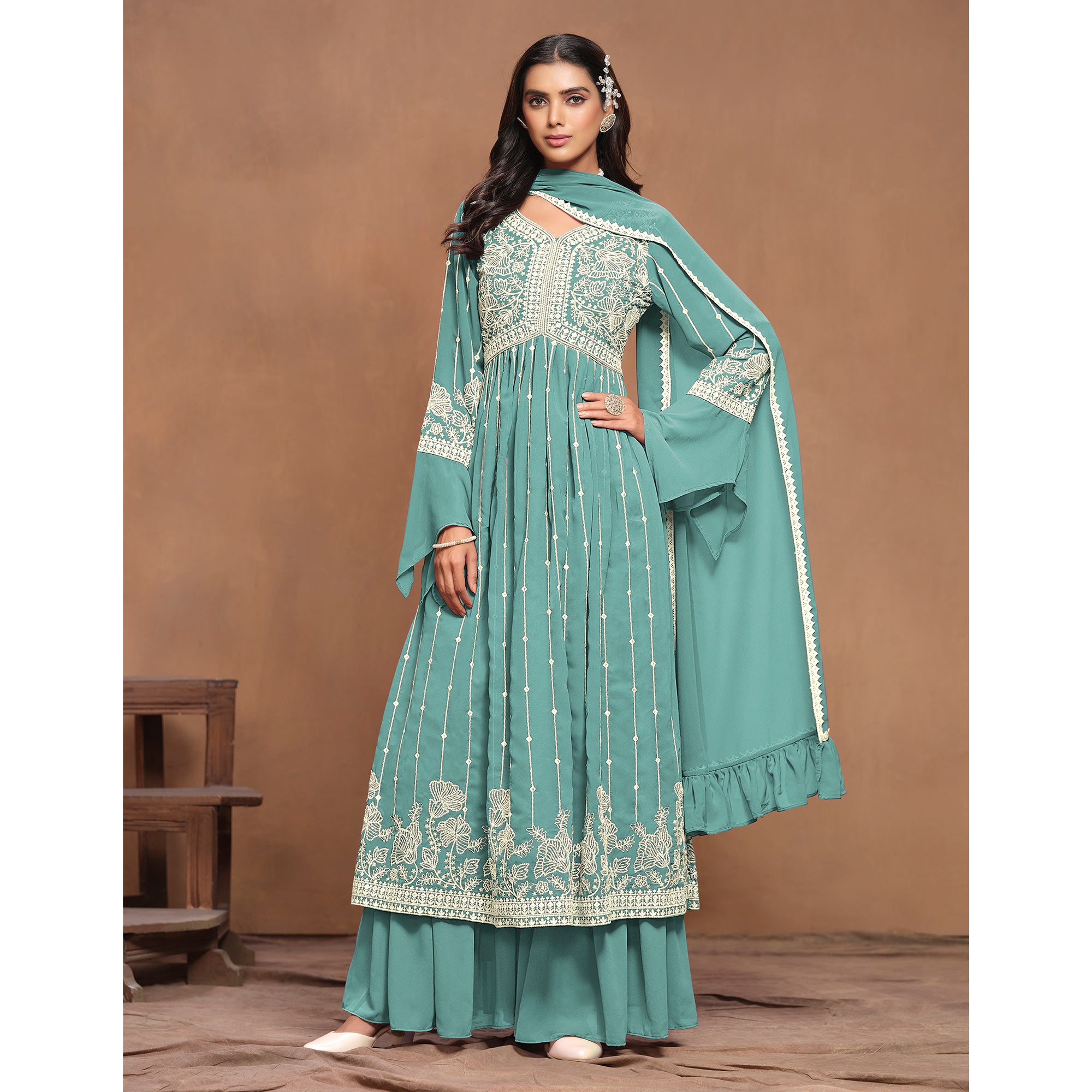 Sky Blue Floral Embroidered Georgette Semi Stitched Alia Cut Sharara Suit