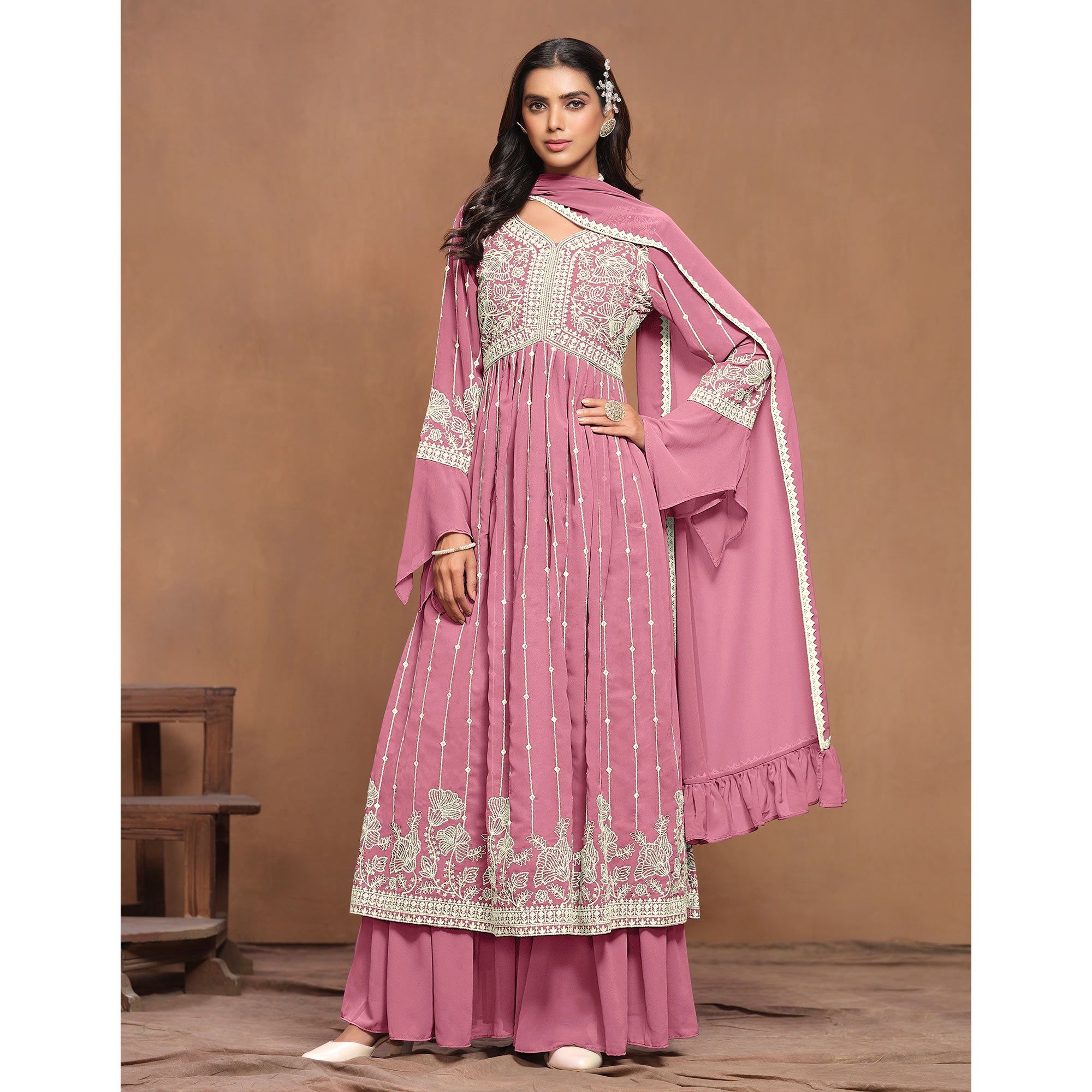 Pink Floral Embroidered Georgette Semi Stitched Alia Cut Sharara Suit