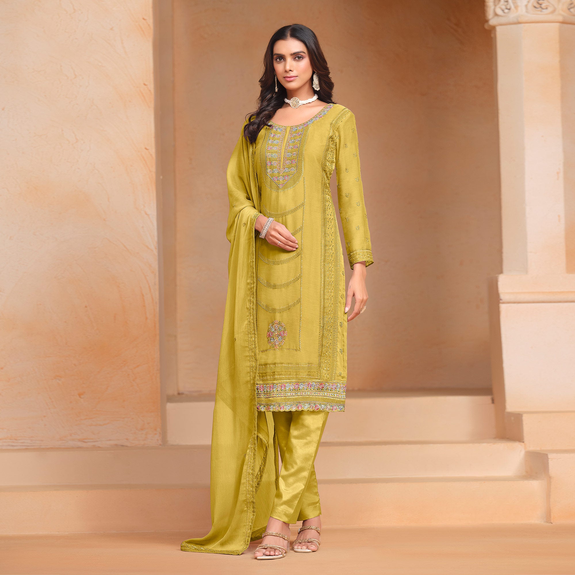 Yellow Floral Embroidered Organza Semi Stitched Salwar Suit