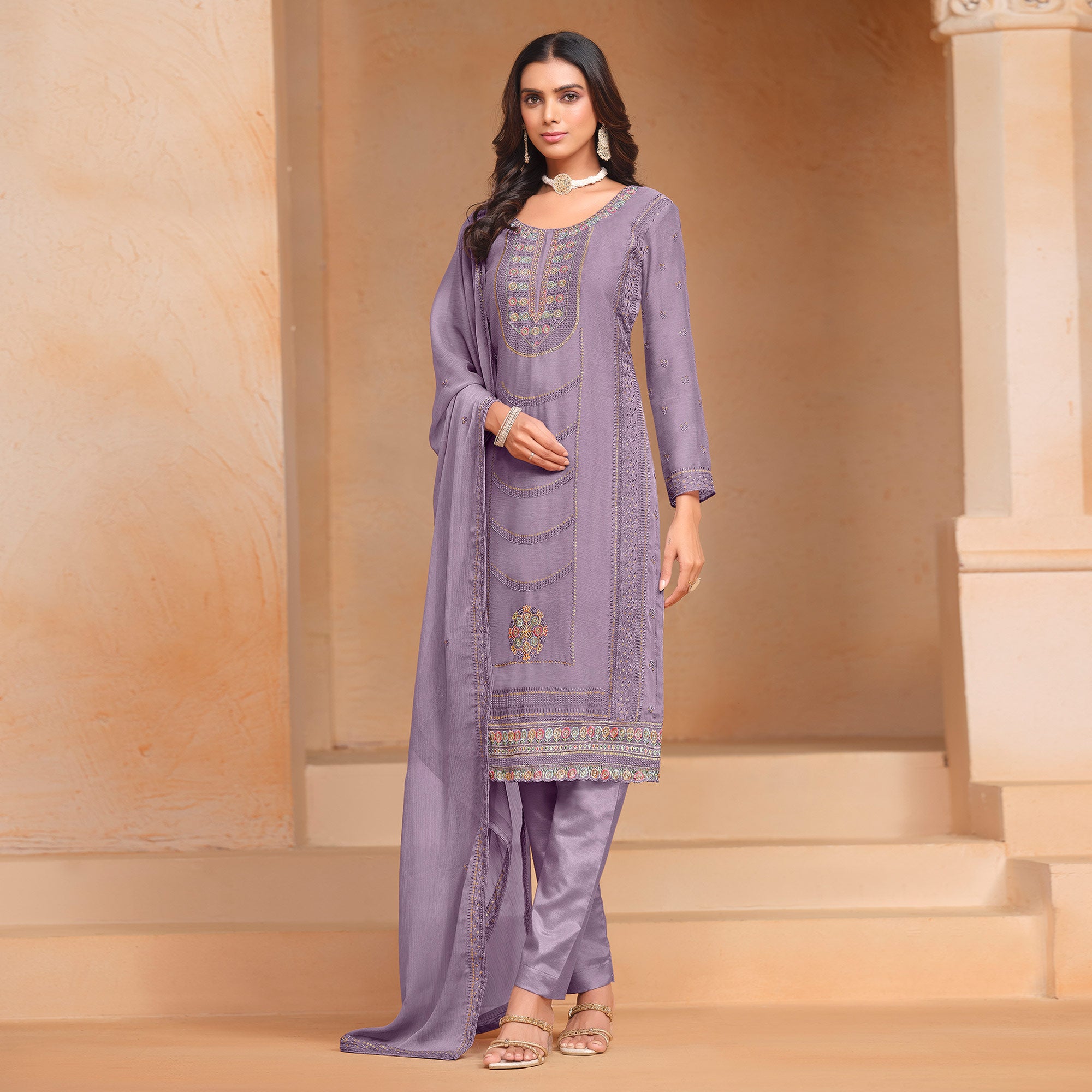 Lavender Floral Embroidered Organza Semi Stitched Salwar Suit