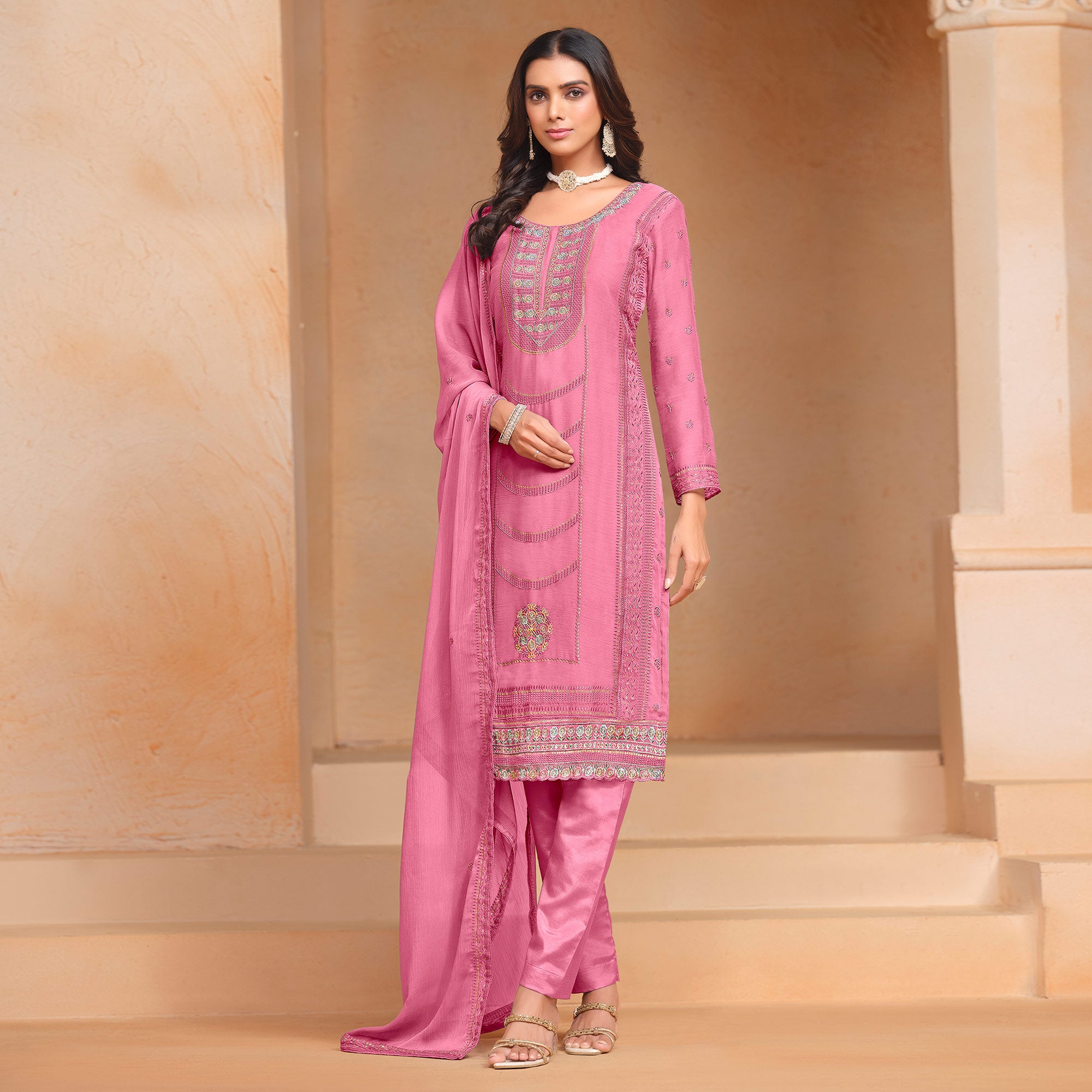 Pink Floral Embroidered Organza Semi Stitched Salwar Suit