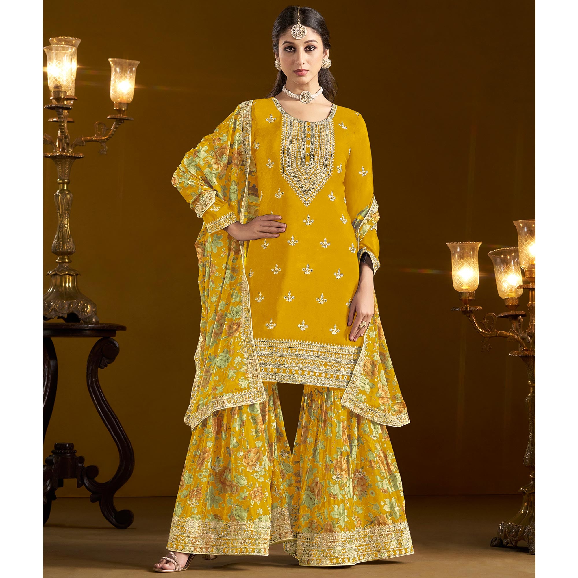 Mustard Floral Embroidered Chinon Semi Stitched Salwar Suit