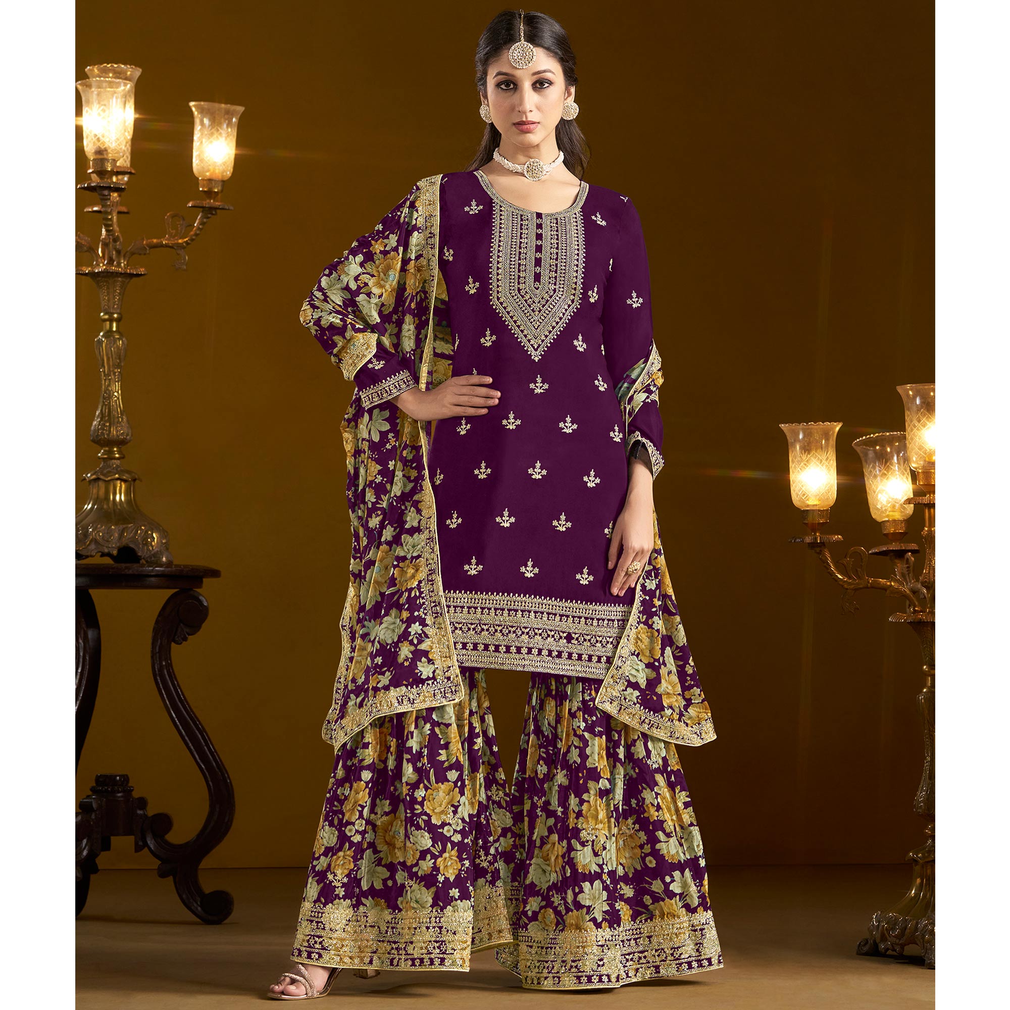 Purple Floral Embroidered Chinon Semi Stitched Salwar Suit