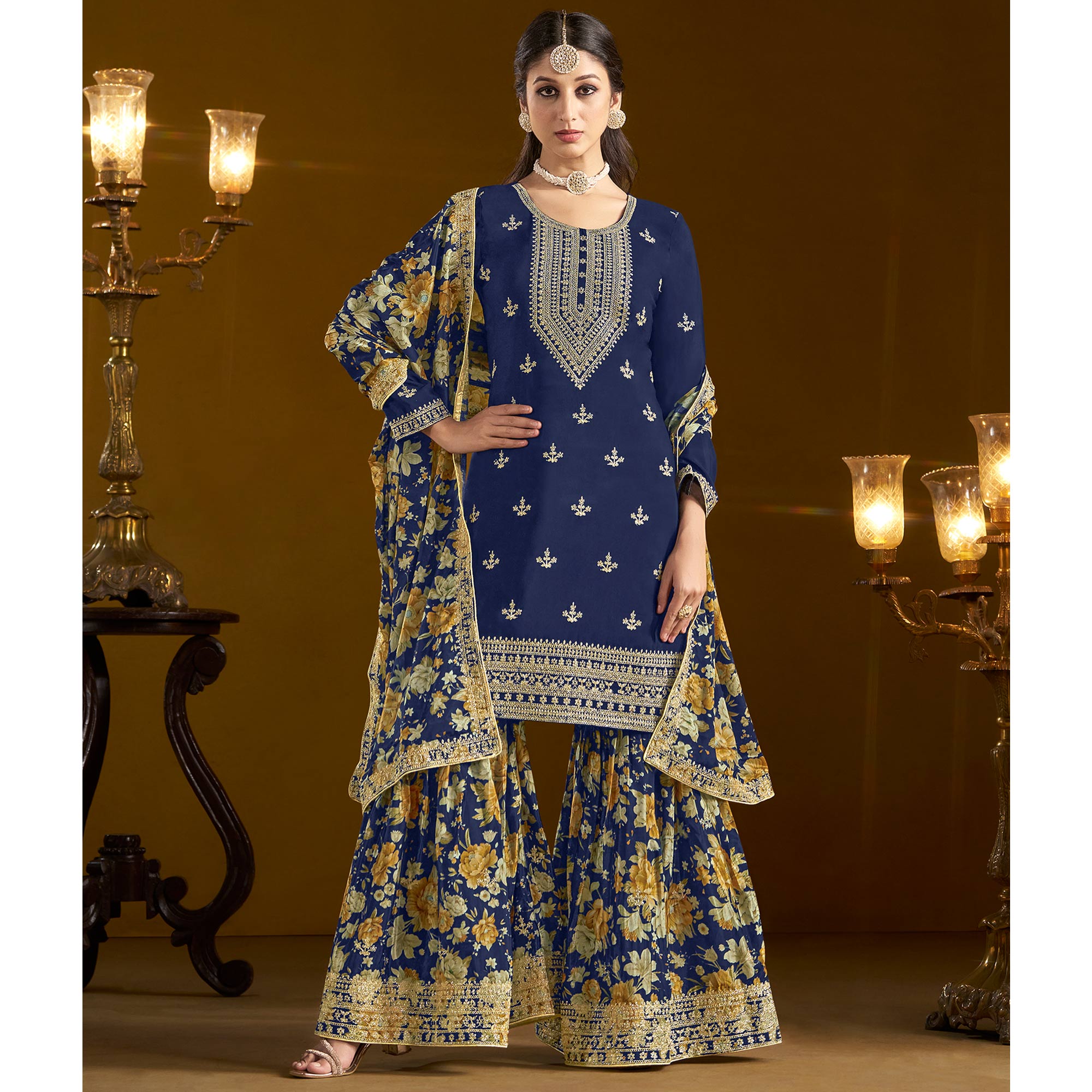 Blue Floral Embroidered Chinon Semi Stitched Salwar Suit