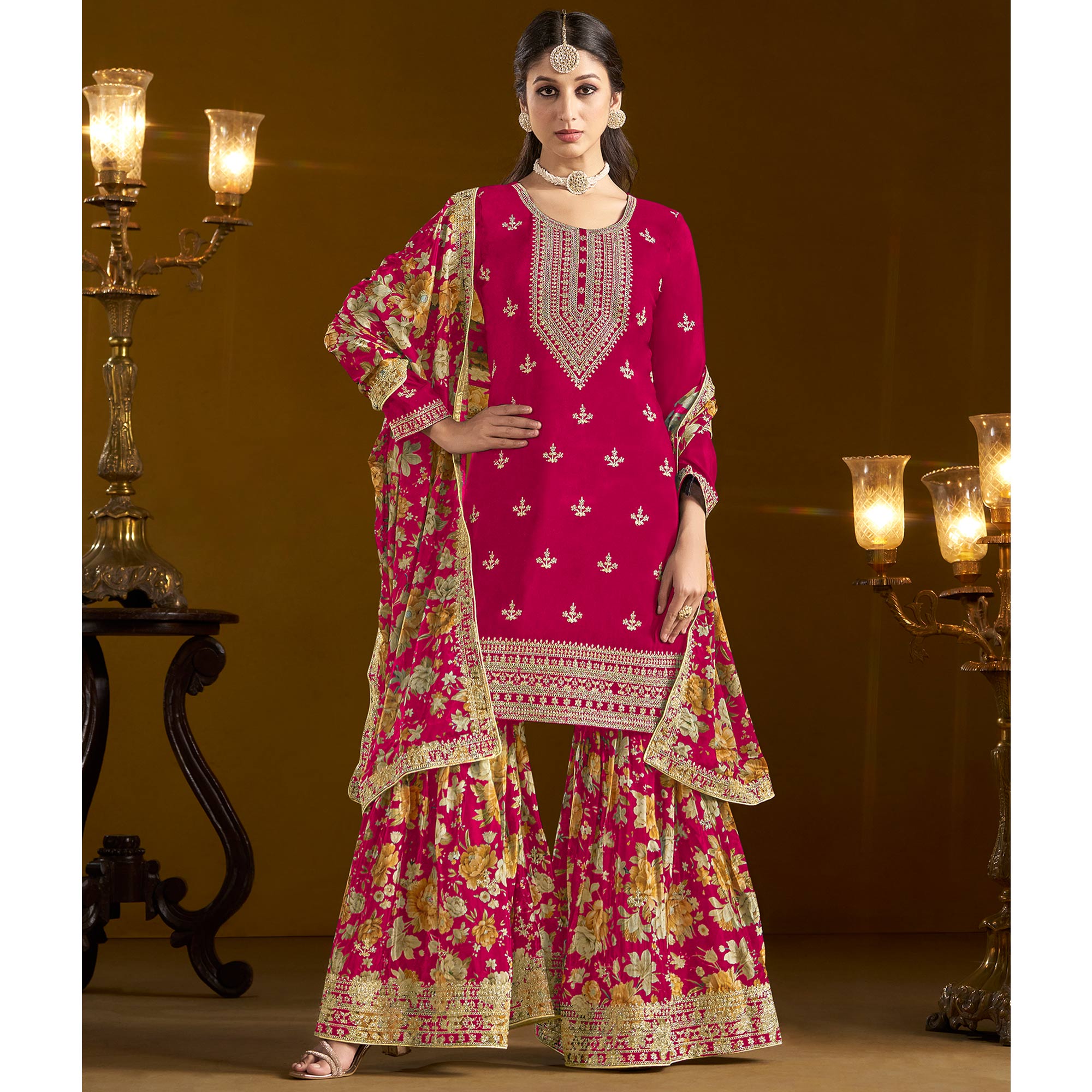 Pink Floral Embroidered Chinon Semi Stitched Salwar Suit