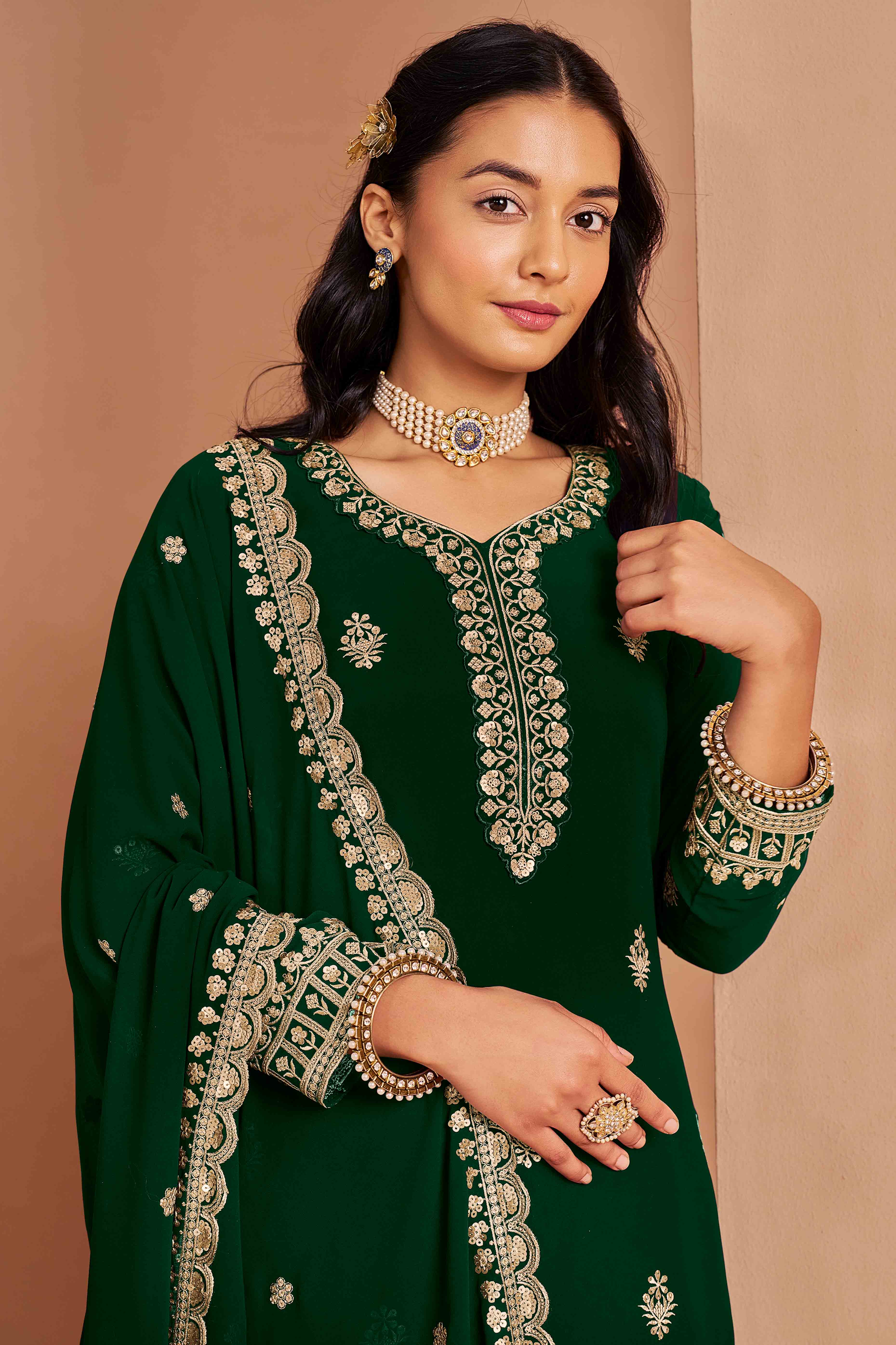 Green Floral Embroidery Georgette Semi Stitched Palazzo Suit