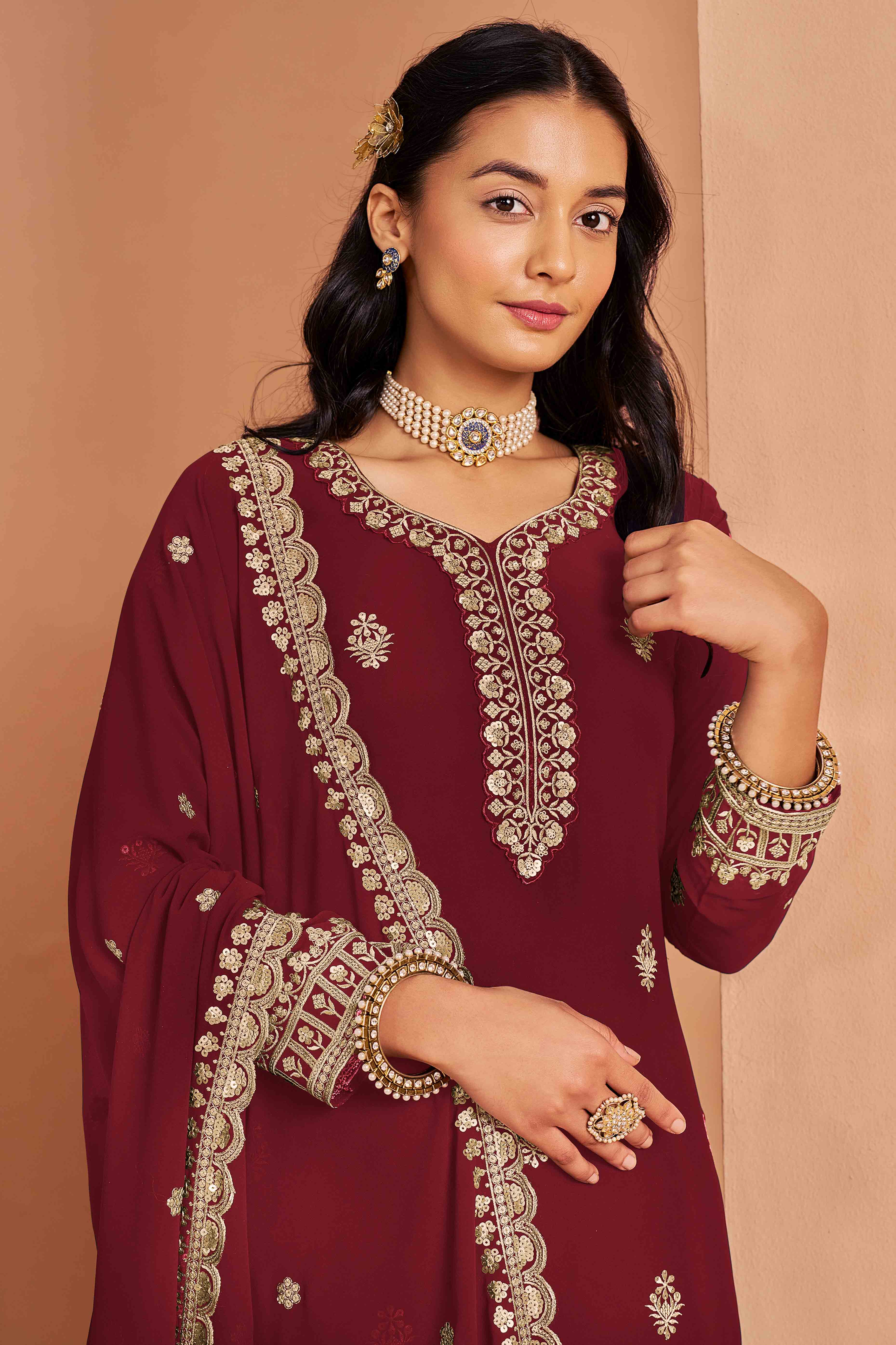Maroon Floral Embroidery Georgette Semi Stitched Palazzo Suit